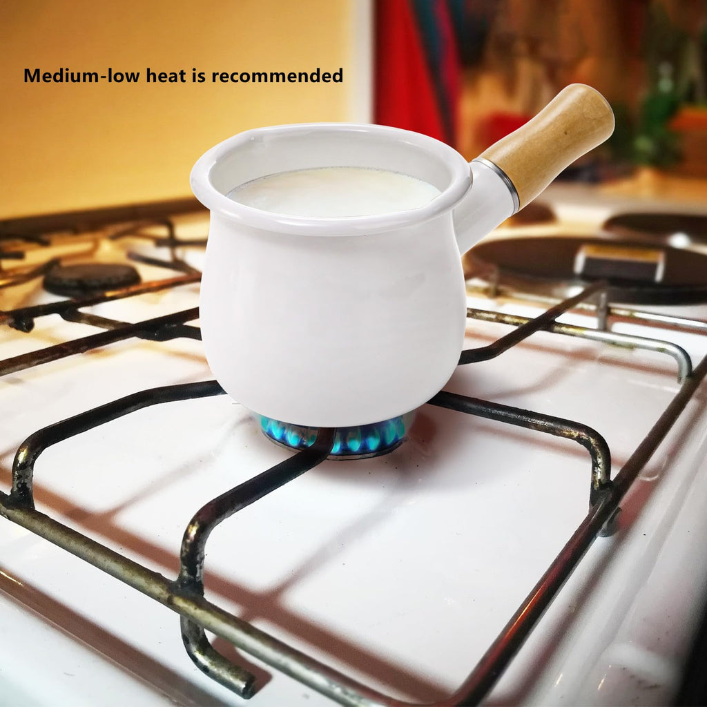 DEAYOU Enamel Milk Pot, 0.6 Quart Mini Butter Warmer Saucepan with Insulated Wooden Handle and Dual Pour Spout, Nonstick Small Soup Pot for Stove Top, Home, Kitchen, Cooking, Heating, Boiling, 18 Oz