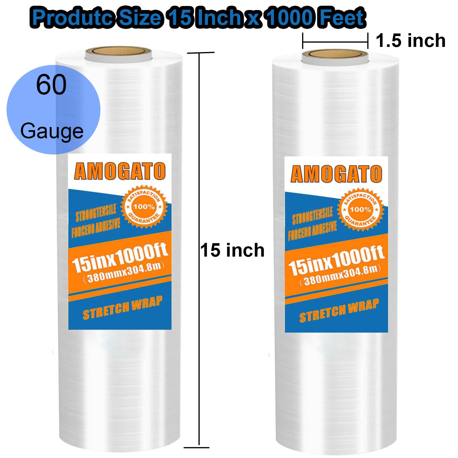 AMOGATO Stretch Film - 15 Inch x 1000 Feet x 2 Pack, Heavy Duty Clear Stretch Wrap, Strong, Residue-Free, Easy to Use, 60 Gauge Stretch Wrap Film for Moving and Packaging