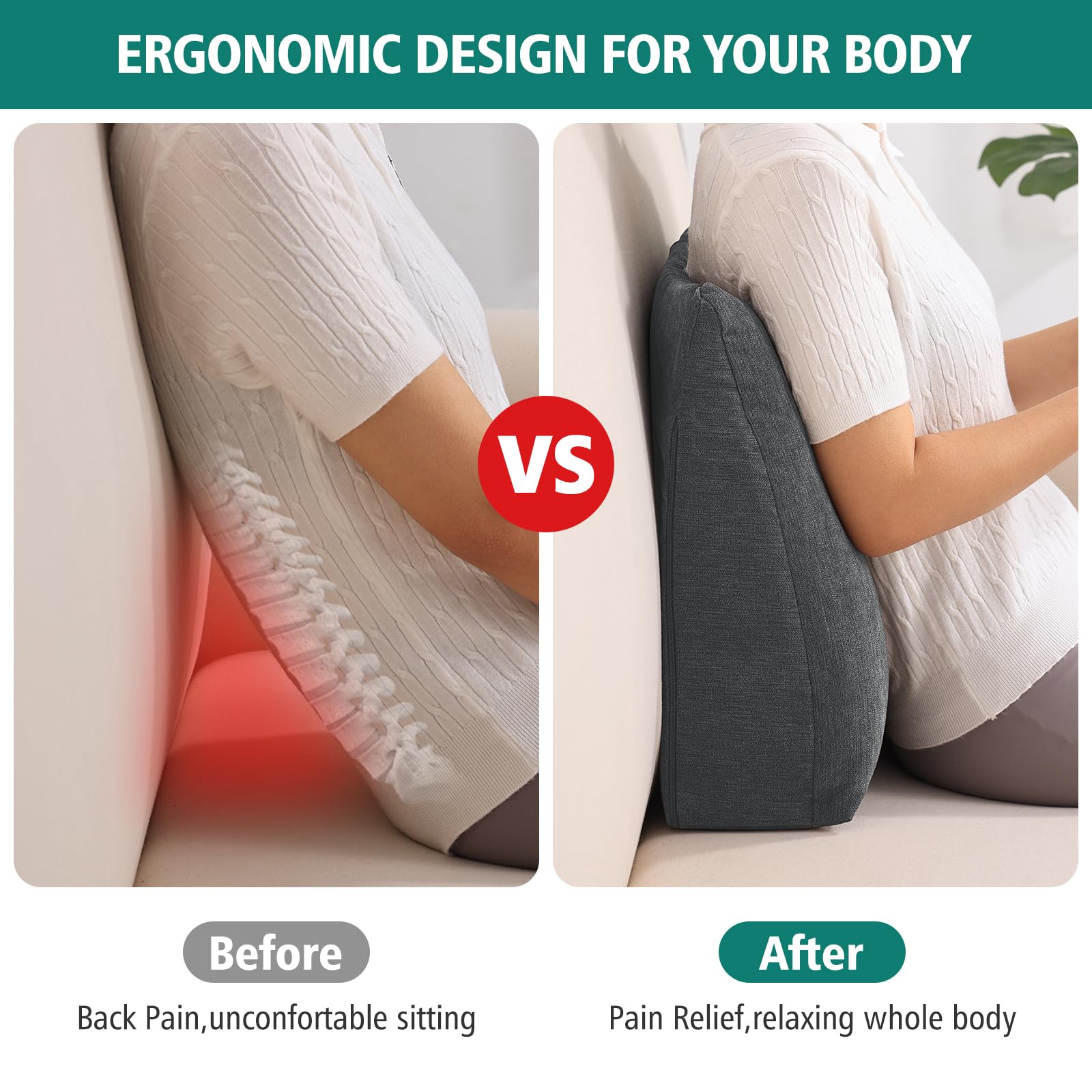 TANYOO Back Support Pillow for Recliner Soft Dual Layer Lumbar Support Pillow with Shredded Memory Foam Ergonomic Orthopedic Couch Lumbar Cushions for Elderly Lower Back Pain Relief Dark Grey