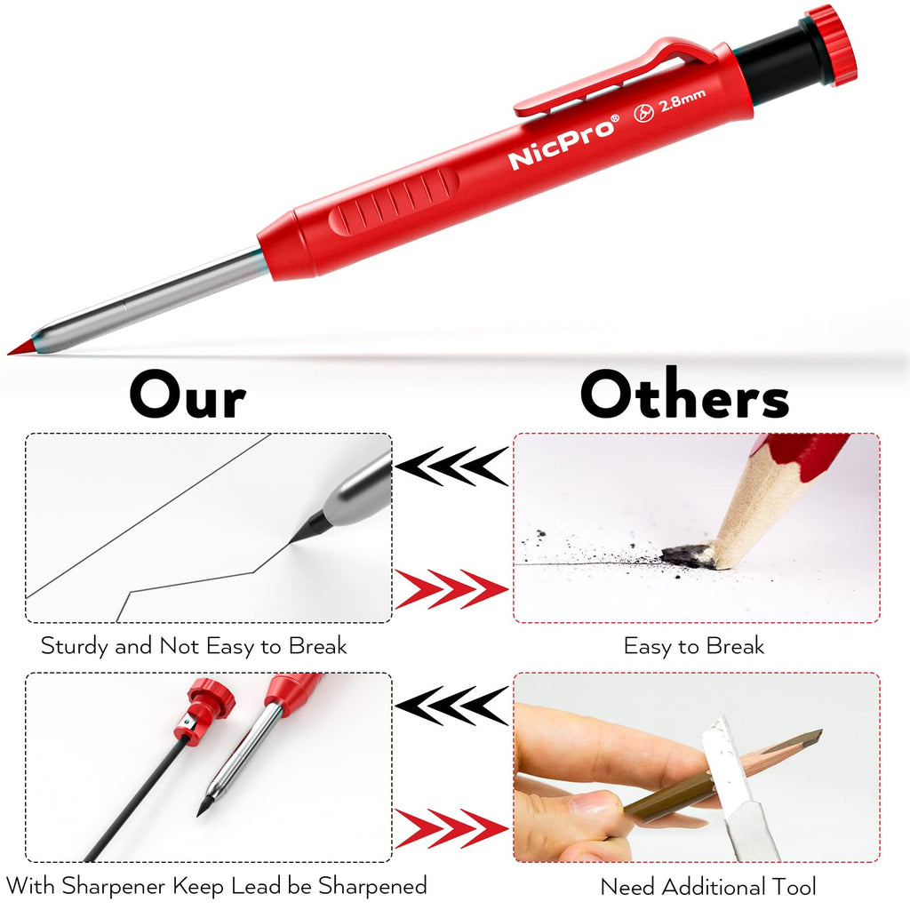 Nicpro 3 Pack Carpenter Pencil with Sharpener, Mechanical Carpenter Pencils with 39 Refills, Deep Hole Marker Construction Heavy Duty Woodworking Pencils for Architect (Red, Black, Yellow)- With Case