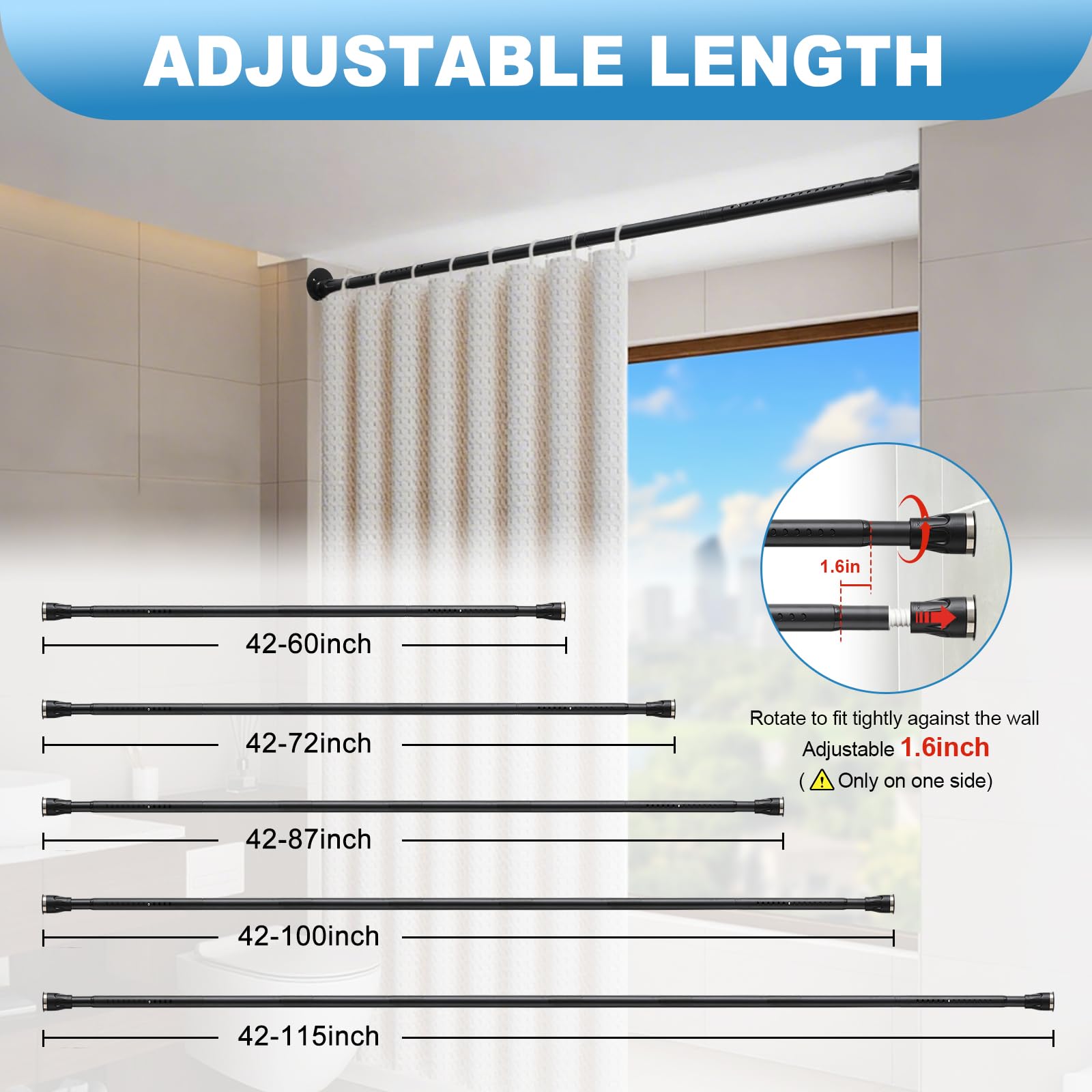 Tension Shower Curtain Rod, 42 to 100 inch Adjustable Heavy Duty black shower tension curtain rod for bathroom Closet Windows