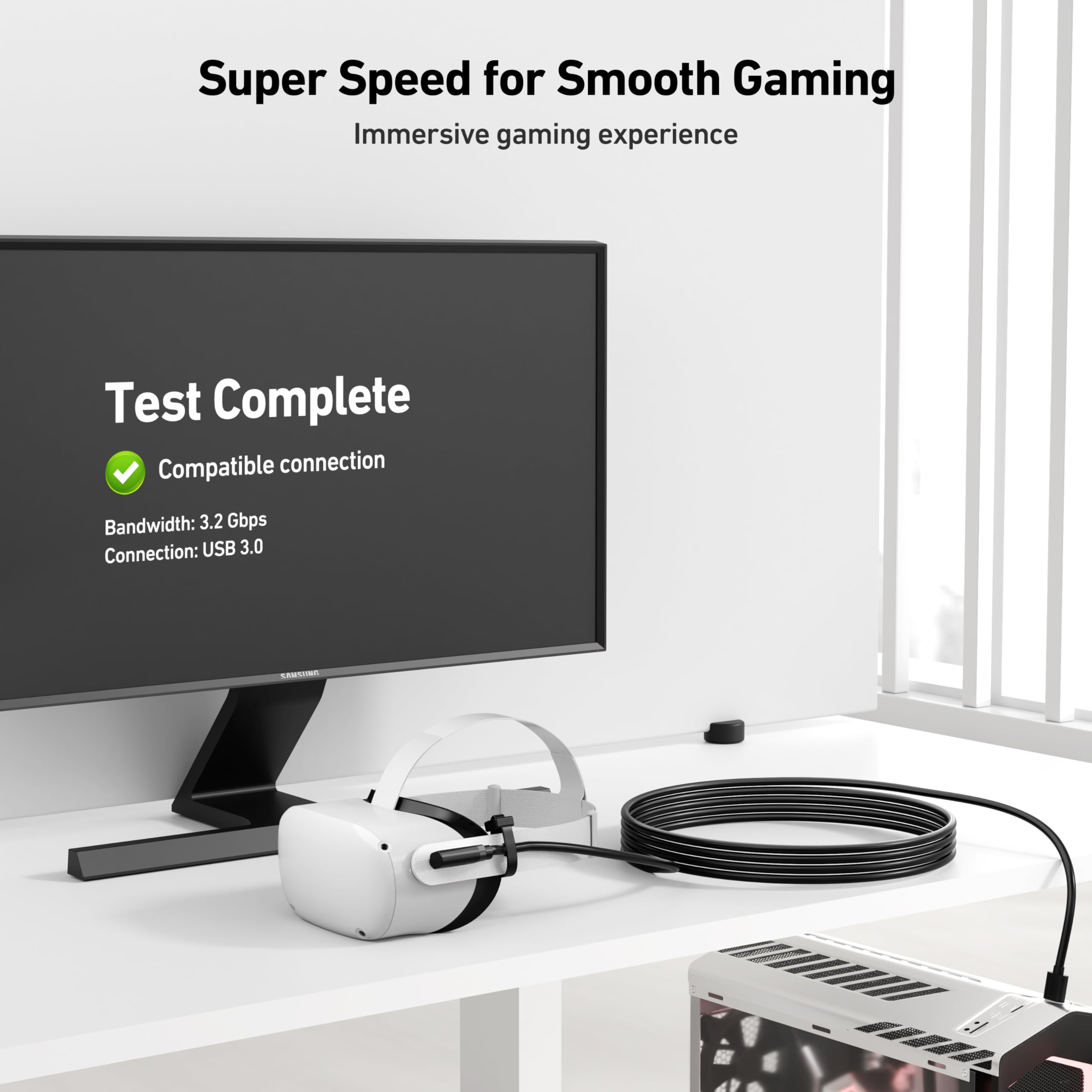BENFEI Link Cable 16 FT Compatible with Oculus/Meta Quest 3, Quest2/Pro/Pico 4 Accessories and PC/SteamVR, High Speed PC Data Transfer, USB 3.0 to USB C Cable for VR Headset