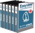 EasyView Premium Angled D-Ring 1-Inch Binders with Clear-View Covers, Customizable 3-Ring Binders for School, Office, or Home, Pack of 6, Black