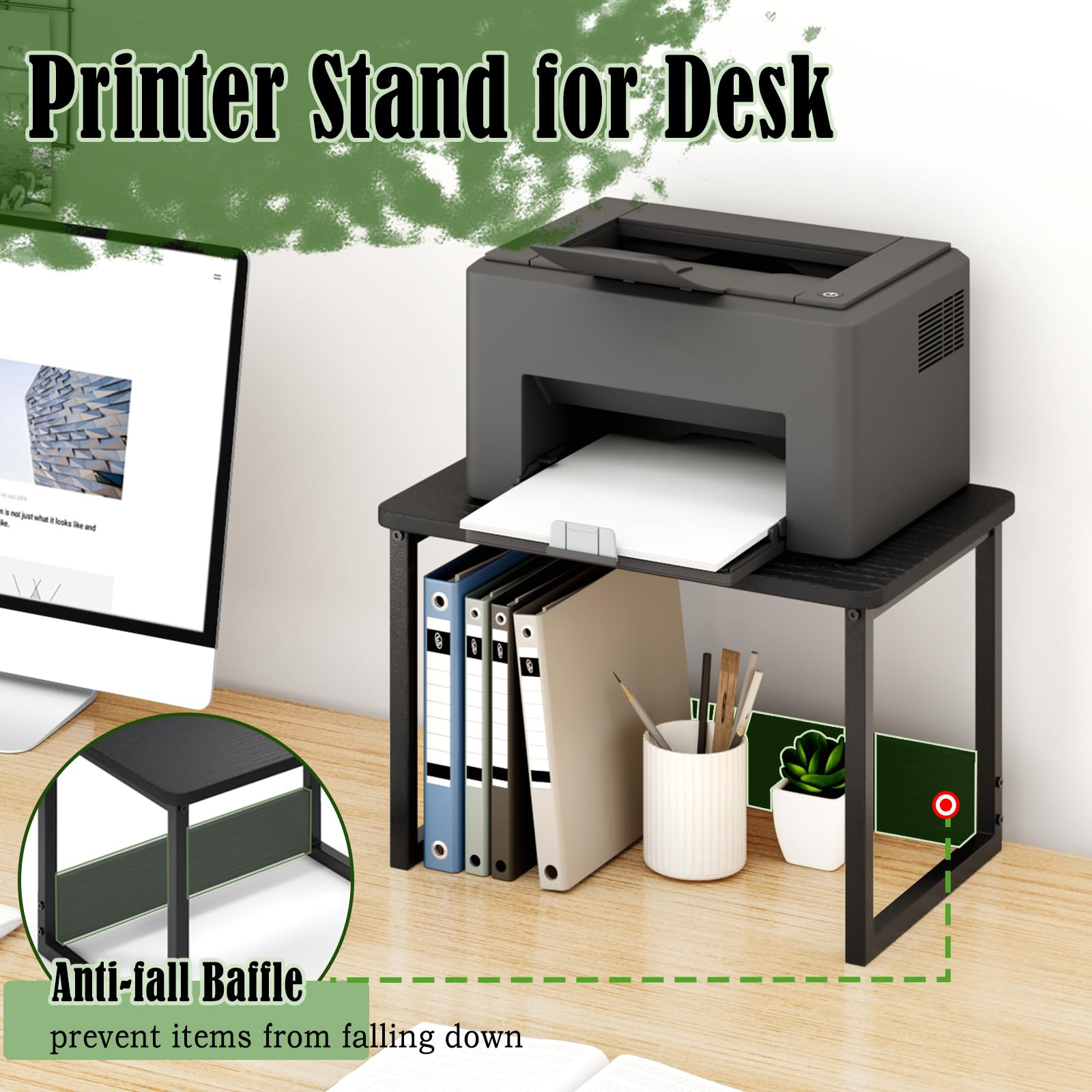 MARTY Printer Stand for Desk, Black Desktop Printer Stand Shelf Organzier for Home/Office Heavy Duty Printer Riser Under Desk Small Table for Printer