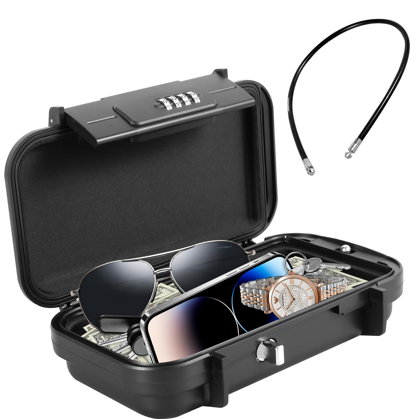 Travel Safe Portable Small Beach Safe Box with 4 Digital Combination Waterproof Security Case Lock Case with Removable Wire Rope Safety Box for Home Office Hotel Cars Travel