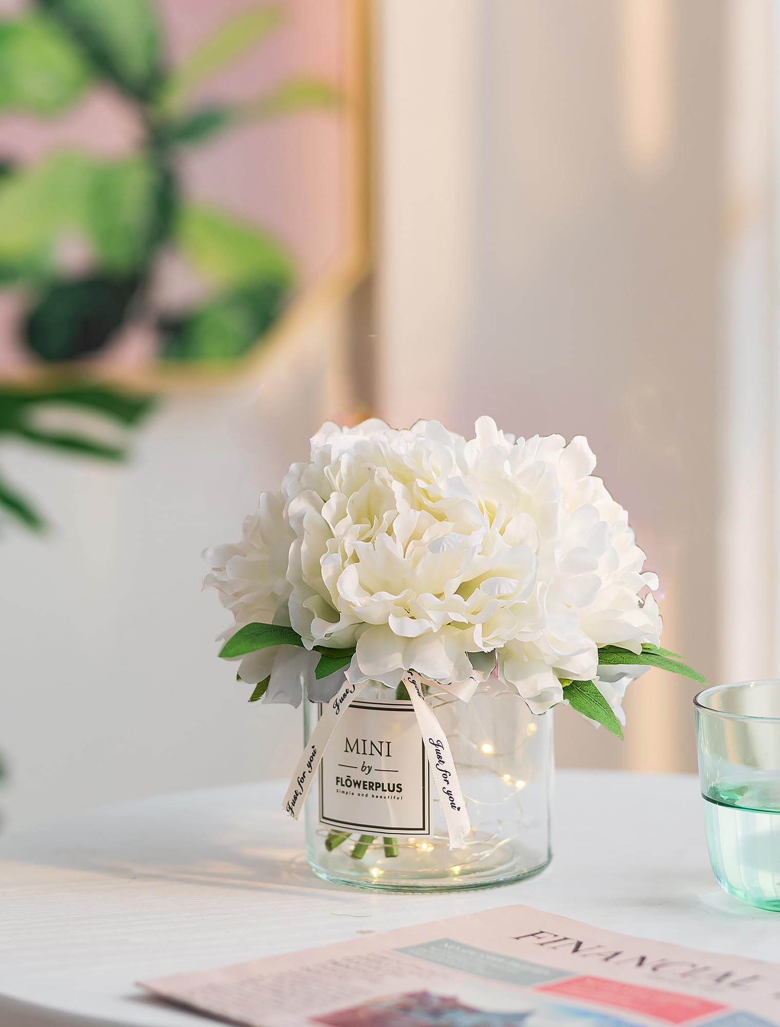 BLOSMON White Fake Flowers with Vase: Small Coffee Table Decor Bathroom Hydrangea Faux Flowers in Vase Office Desk Shelf Home Living Room Bedroom Vanity nightstand Decorations Floral Arrangement