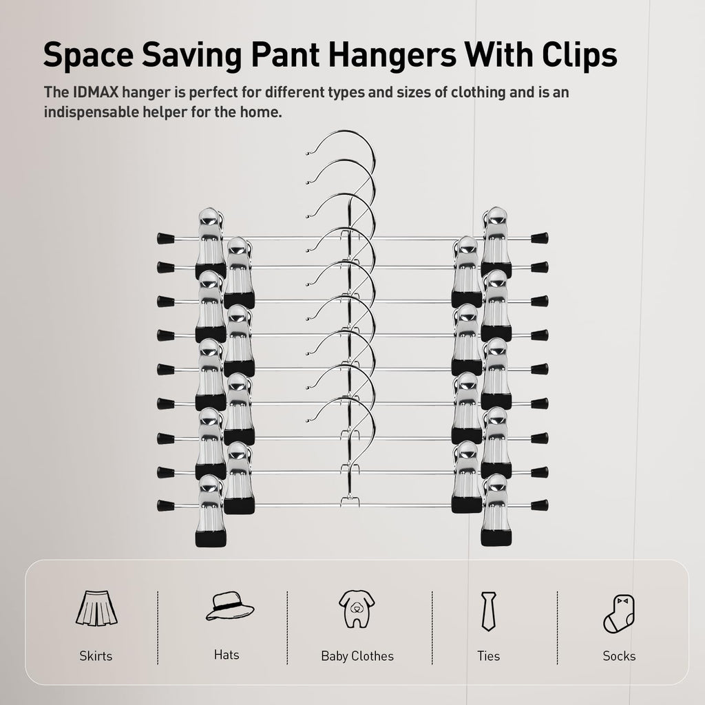 Pants Hanger, IDMAX Trouser Hangers 20 Pcs Space Saving Skirt Hangers with Clips Pant Hangers Adjustable Non-Slip Coat Suit Skirt Hangers Heavy Duty Chrome Clothes Hangers Clothes Hook
