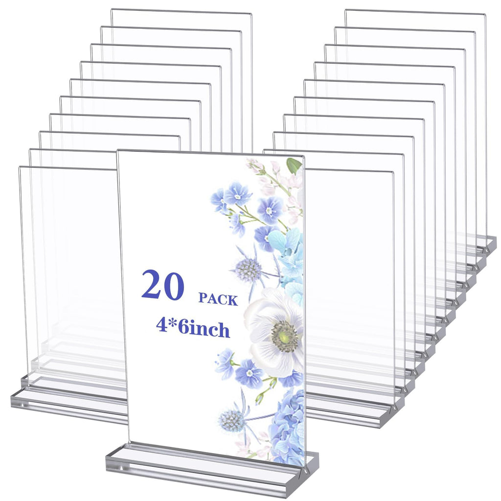 PIAOPIAONIU 20 Pack 4x6 Acrylic Sign Holder Double Sided Clear Display Stand Vertical T Shape Flyer Menu Brochure Table Holders for Restaurant Wedding School Office Hotel Party