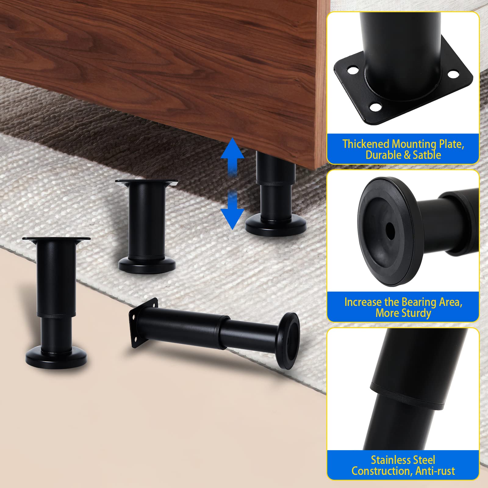 Olldag 4 Pcs Adjustable Height Furniture Support Legs [with Screws] 3.15-4.72 inch, Metal Heavy Duty Furniture Replacement Legs for Chair/Bed/Sofa/Cabinet/Couch/Dresser/Bed/Table (Black)