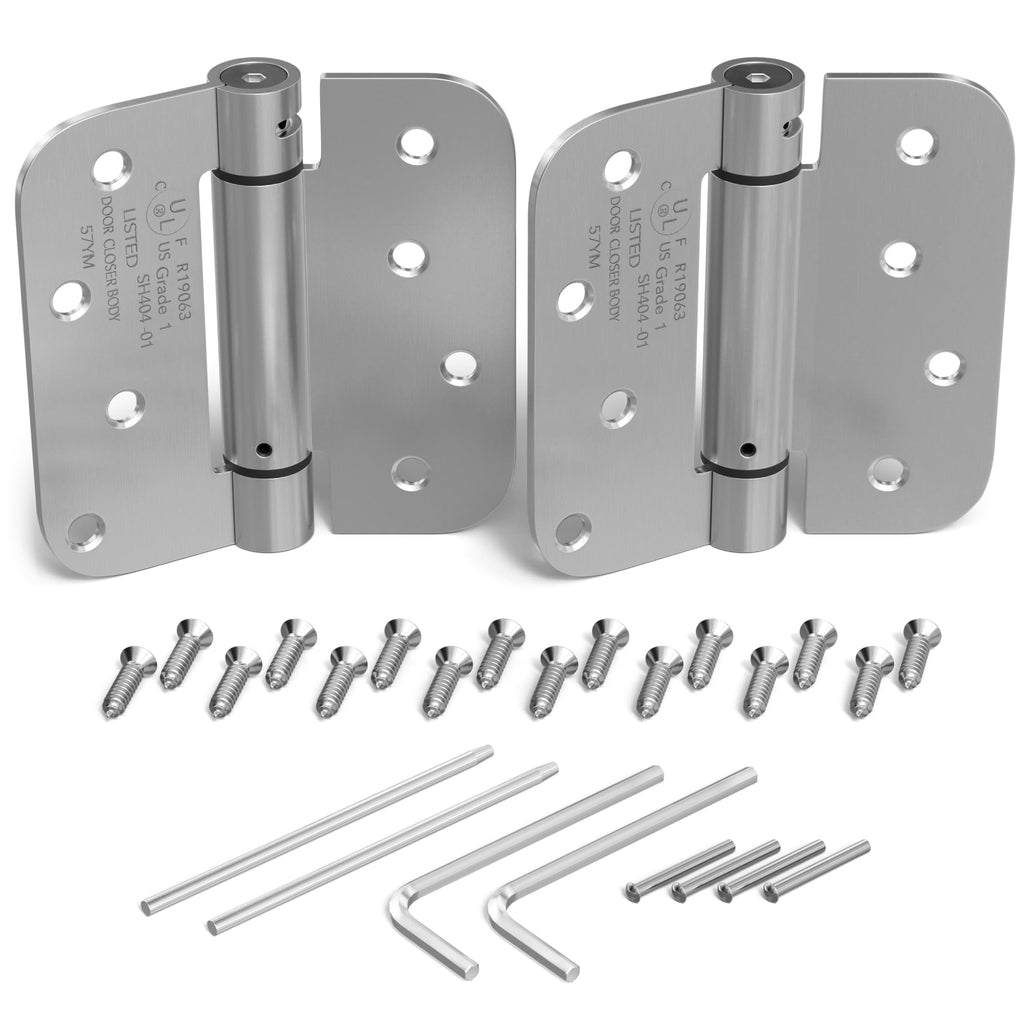 KS Hardware Mortise Spring Hinge | Automatic Self Closing Door Hinges with Complete Installation Hardware | 4" X 4" with 5/8" Radius Corners | 2 Pack, Satin Nickel Finish