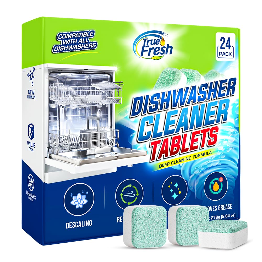 True Fresh Dishwasher Cleaner & Deodorizer Tablets 24-Pack, 20g Each - Powerful Limescale & Odor Removal - Deep Clean for Sparkling Dishwashers - Safe, Effective, and Compatible with All Models