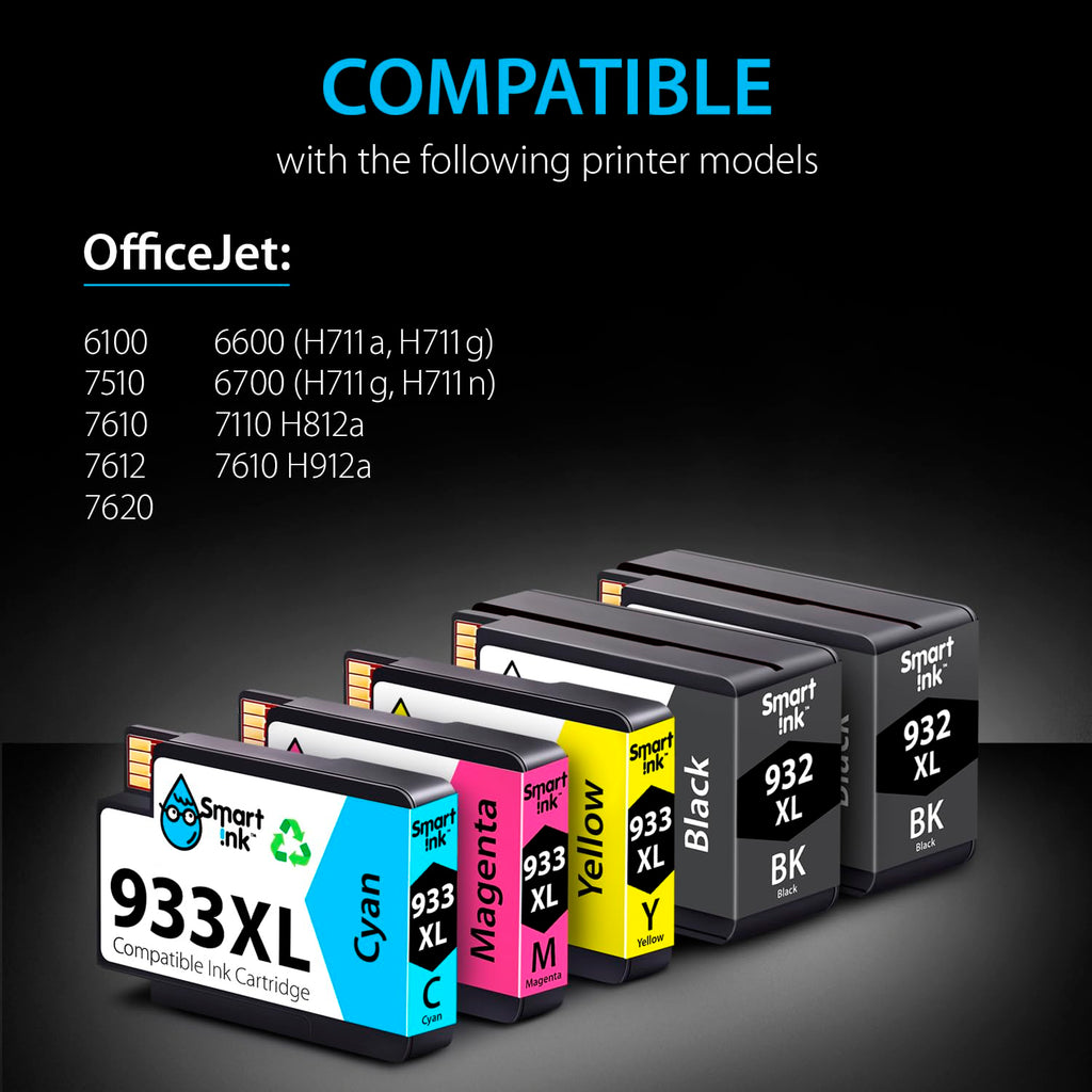 Smart Ink Compatible Ink Cartridge Replacement for HP 932 XL 933 XL 932XL 933XL High Yield 5 Pack Combo (2 Black & C/M/Y) Ink Cartridges High Capacity for HP Officejet 6600 6100 6700 7110 7510 7610