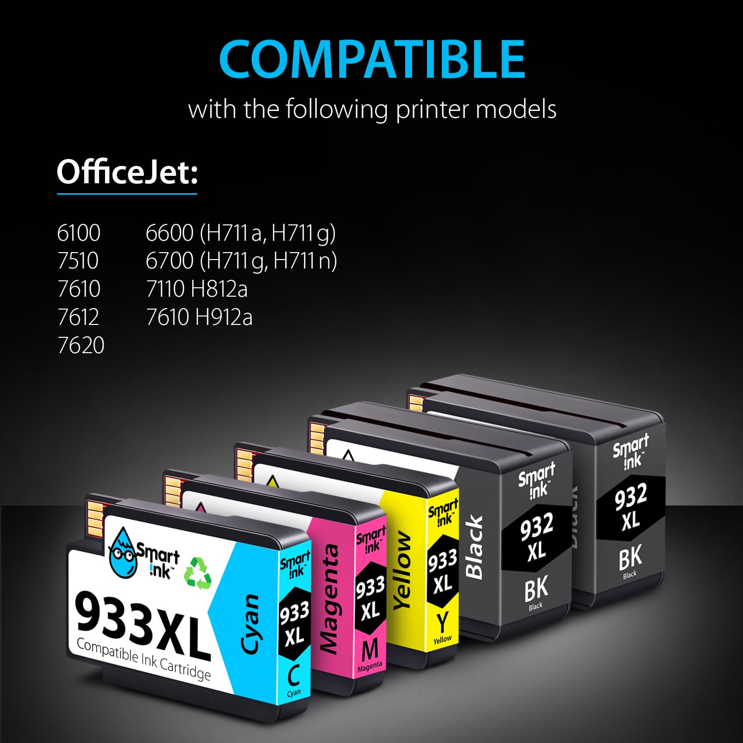 Smart Ink Compatible Ink Cartridge Replacement for HP 932 XL 933 XL 932XL 933XL High Yield 5 Pack Combo (2 Black & C/M/Y) Ink Cartridges High Capacity for HP Officejet 6600 6100 6700 7110 7510 7610