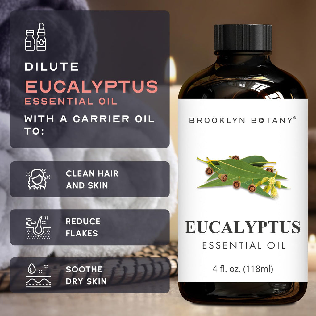 Brooklyn Botany Eucalyptus Essential Oil - Huge 118 ml - 100% Pure and Natural - Premium Grade with Dropper - for Aromatherapy and Diffuser