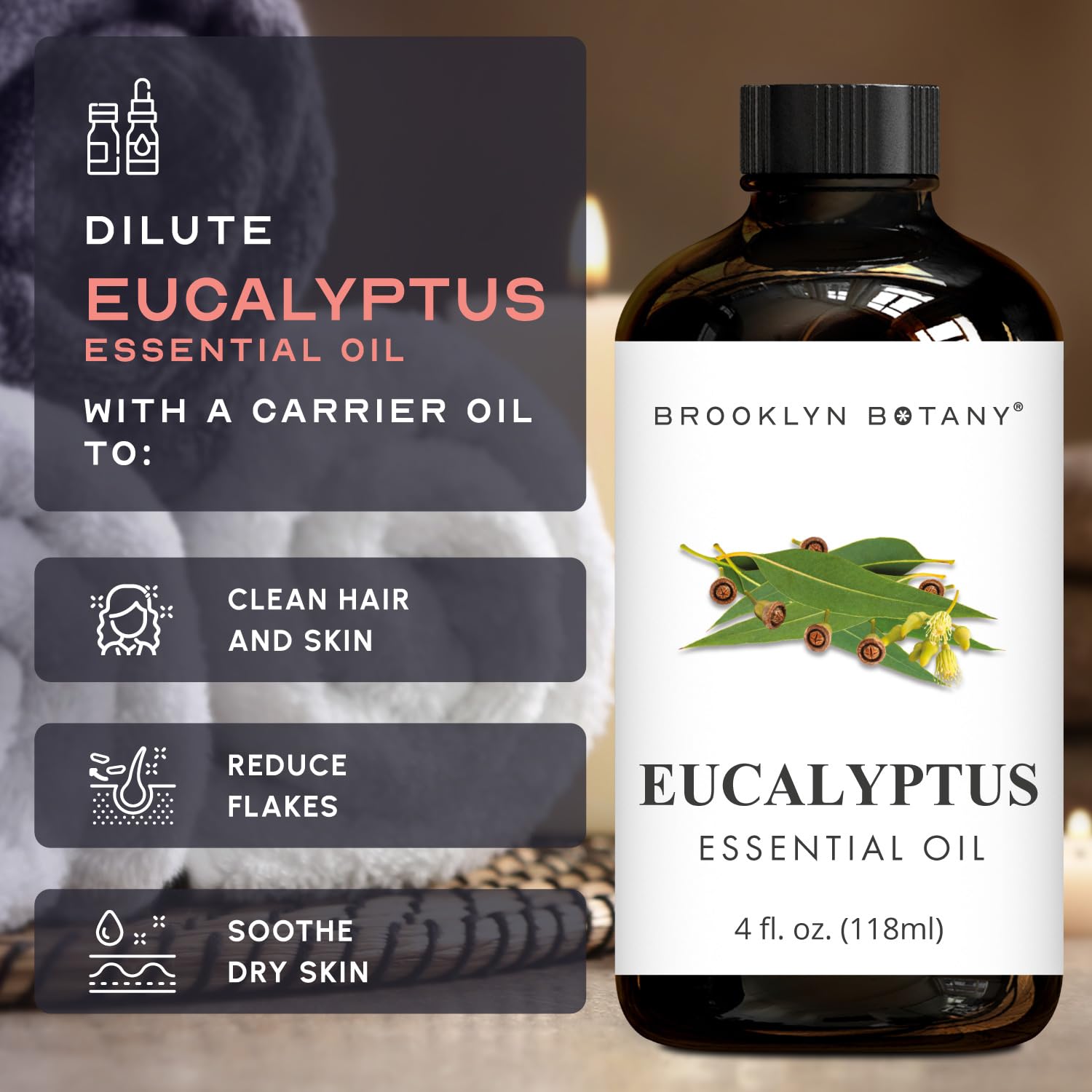 Brooklyn Botany Eucalyptus Essential Oil - Huge 118 ml - 100% Pure and Natural - Premium Grade with Dropper - for Aromatherapy and Diffuser