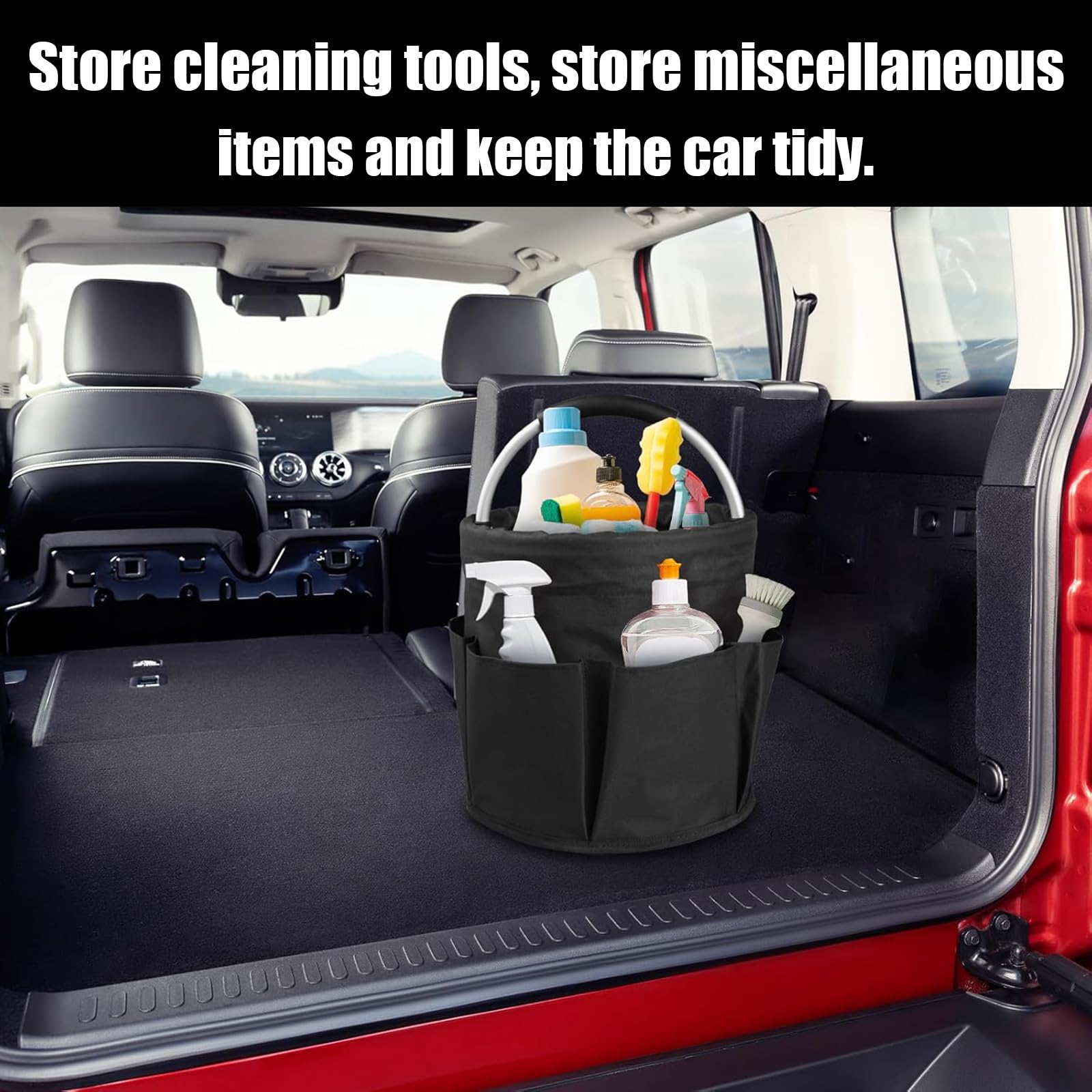 Cleaning caddy storage bag with foldable cleaning bucket handle, suitable for cleaners and butlers with multi pocket tool kit, 6 pockets, foldable design, black