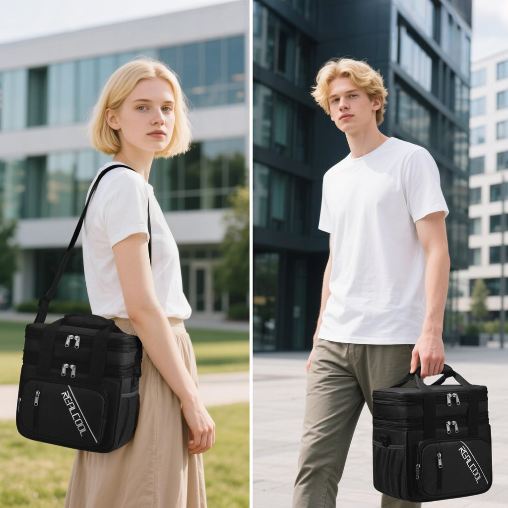 RealCool Lunch Bag, 15L Insulated Lunch Box for Men Women, Double Deck Leakproof Soft Cooler Bag with Adjustable Strap, Reusable Lunchbox for Work, Travel, Camping, Black