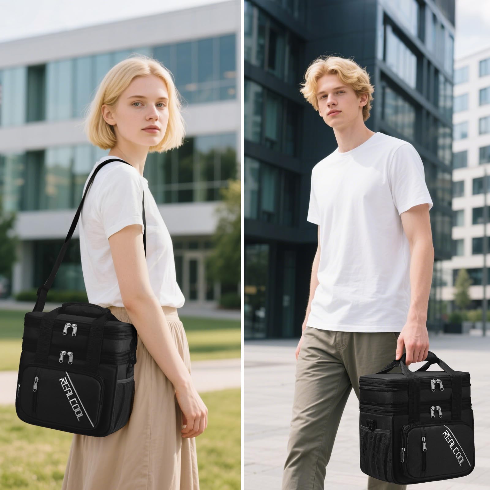RealCool Lunch Bag, 15L Insulated Lunch Box for Men Women, Double Deck Leakproof Soft Cooler Bag with Adjustable Strap, Reusable Lunchbox for Work, Travel, Camping, Black
