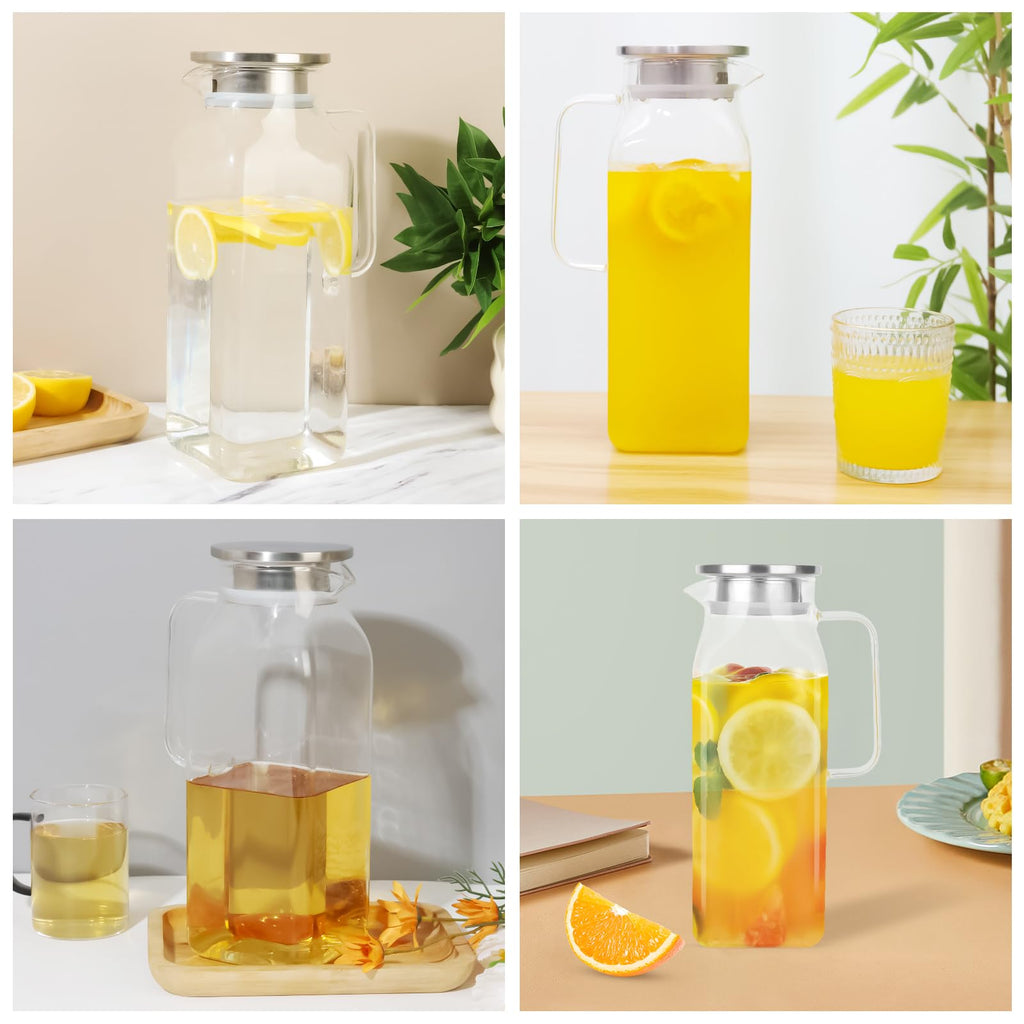 2 Pack (2 Liter 68 oz) Square Glass Pitcher with Lid and Spout, Easy Clean Heat Resistant, Borosilicate Glass Carafe for Hot/Cold Drink, Large Jug for Iced Tea, Coffee, Juice, Milk, Beverage