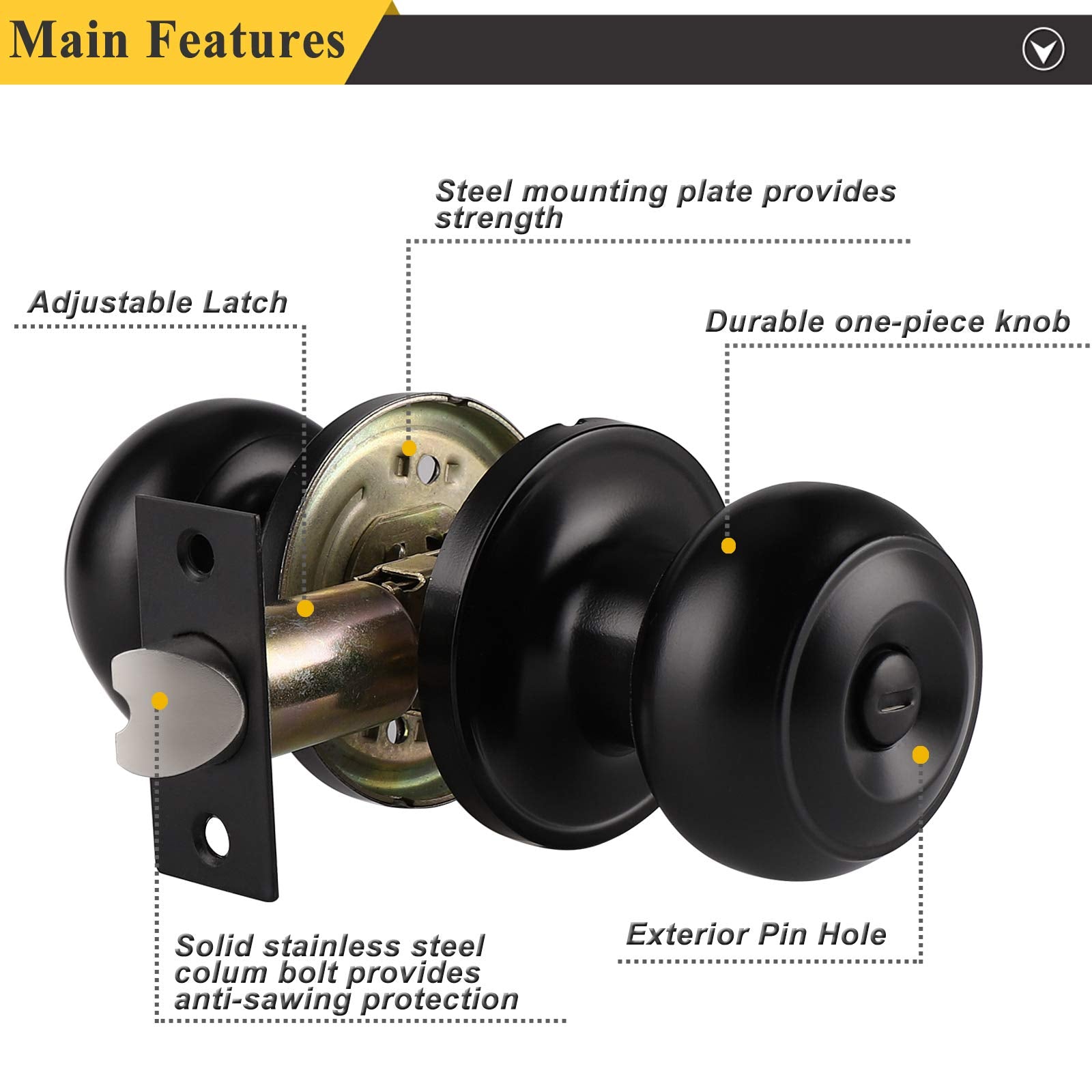Probrico Interior Door Knobs Matte Black Finish, Standard Door Hardware, Indoor Door Handles Keyless, Privacy Door Lock for Bedroom/Bathroom Flat Ball Knob, 1 Pack
