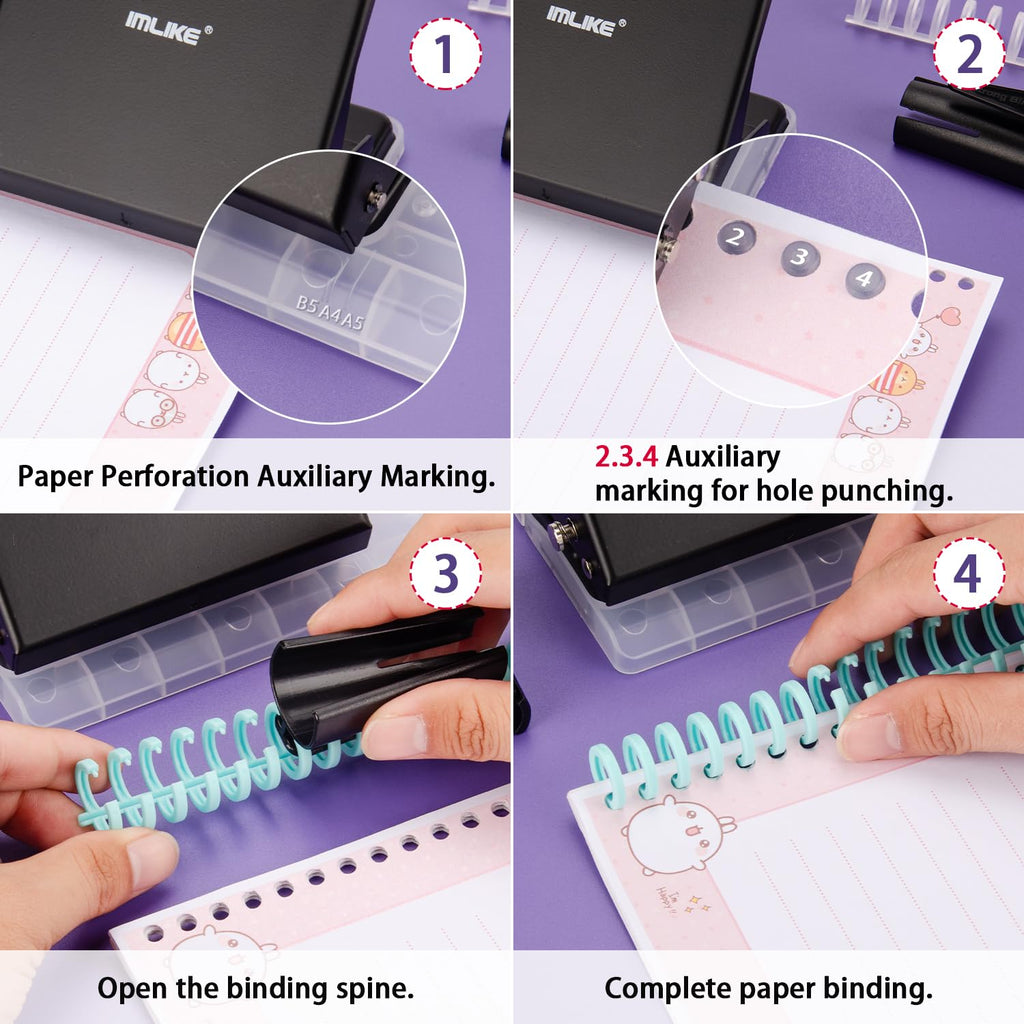 IMLIKE 10-Hole Binding Machine for Planners - Metal Manual Binding System with 10 Multi-Color 30-Hole Loose Leaf Binding Spines - Punches 26 Holes on B5, 30 Holes on A4, 20 Holes on A5 Paper - Black