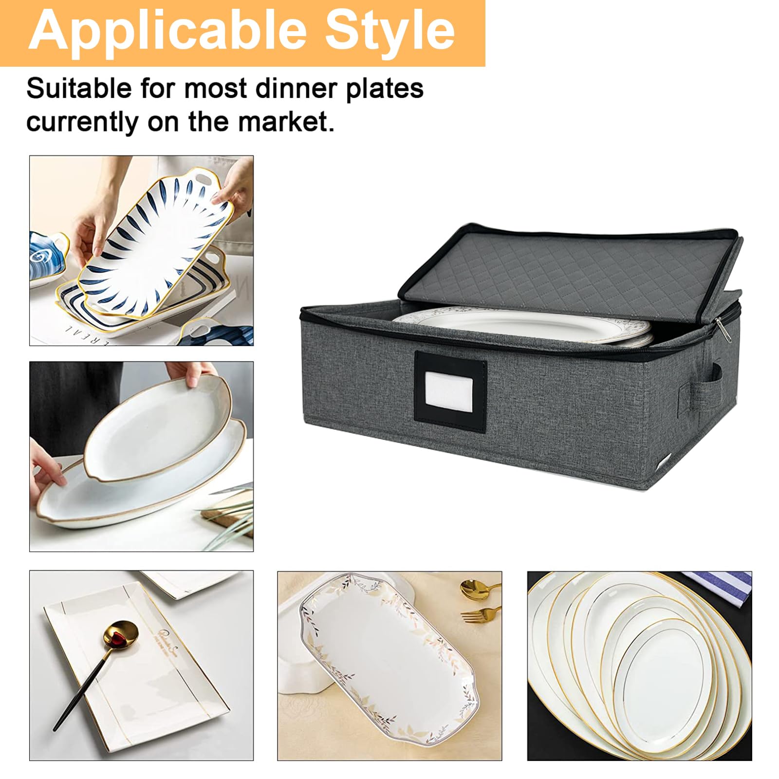 Platter Storage Case - Stackable China Storage Containers Hard Shell with Durable Zipper & Label & Sturdy Handles, 5.3” Height, Structured Top, 4 Felt Dividers Included