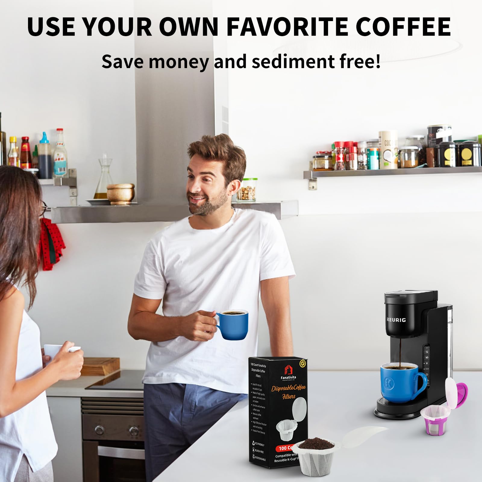 200 Count Fanativita K Cup Filters Disposable with Genius Lid Design, Fit All Reusable K Cups (White)
