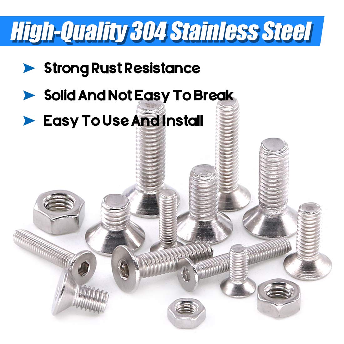 Glarks 510Pcs Metric M3 M4 M5 304 Stainless Steel Flat Head Countersunk Socket Cap Bolts Screws Nuts Assortment Kit, Allen Hex Drive
