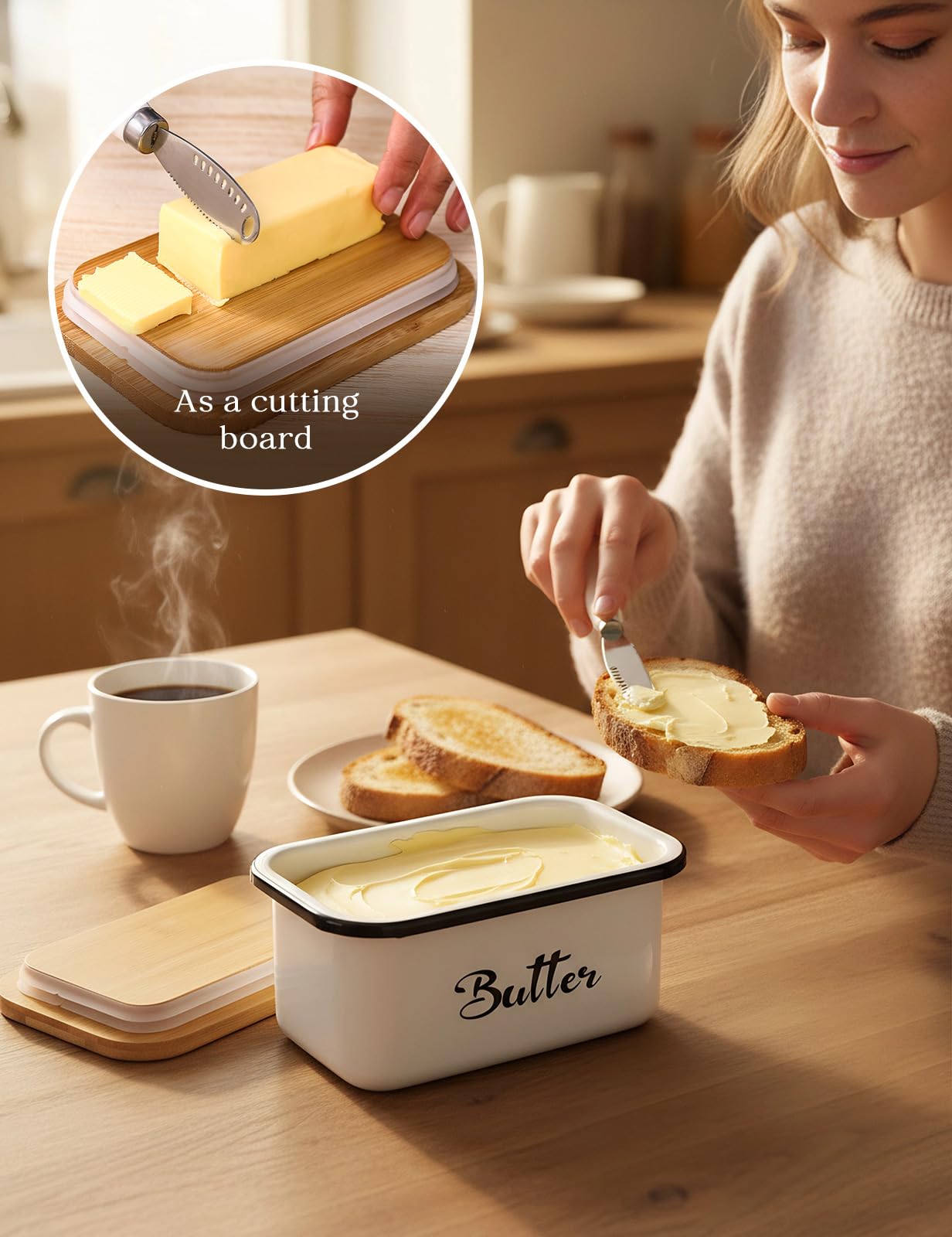 Butter Dish with Lid: Metal Beurrier Butter Dish for 1 LB of Canadian Butter - Airtight Large Capacity Butter Keeper Butter Container with Knife - Butter Holder for Countertop - White