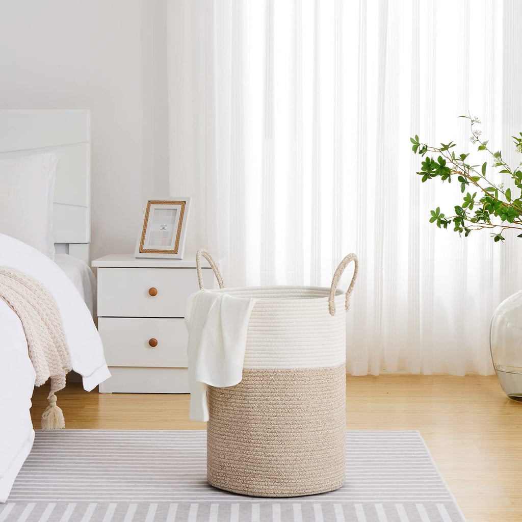 VIPOSCO Large Laundry Hamper, Tall Woven Rope Storage Basket for Blanket, Toys, Dirty Clothes in Living Room, Bathroom, Bedroom - 58L White & Brown