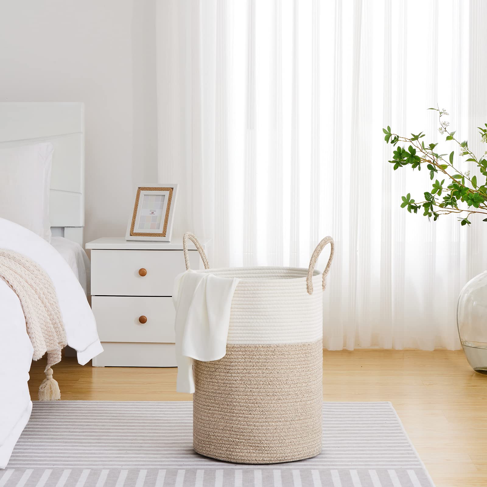 VIPOSCO Large Laundry Hamper, Tall Woven Rope Storage Basket for Blanket, Toys, Dirty Clothes in Living Room, Bathroom, Bedroom - 58L White & Brown