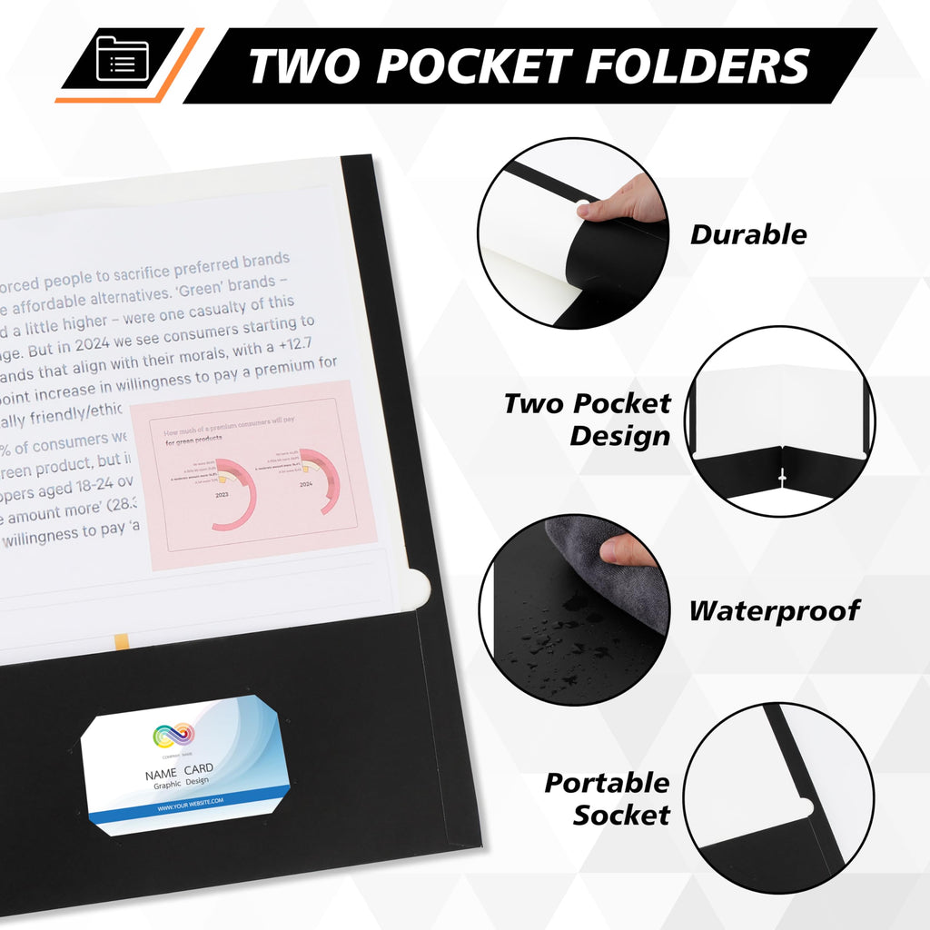 50 Packs Two Pocket Folders,Two Pocket File Folders with Business Card Slot,Black,Letter Size,Paper Folders with Pockets for School Office Home Business