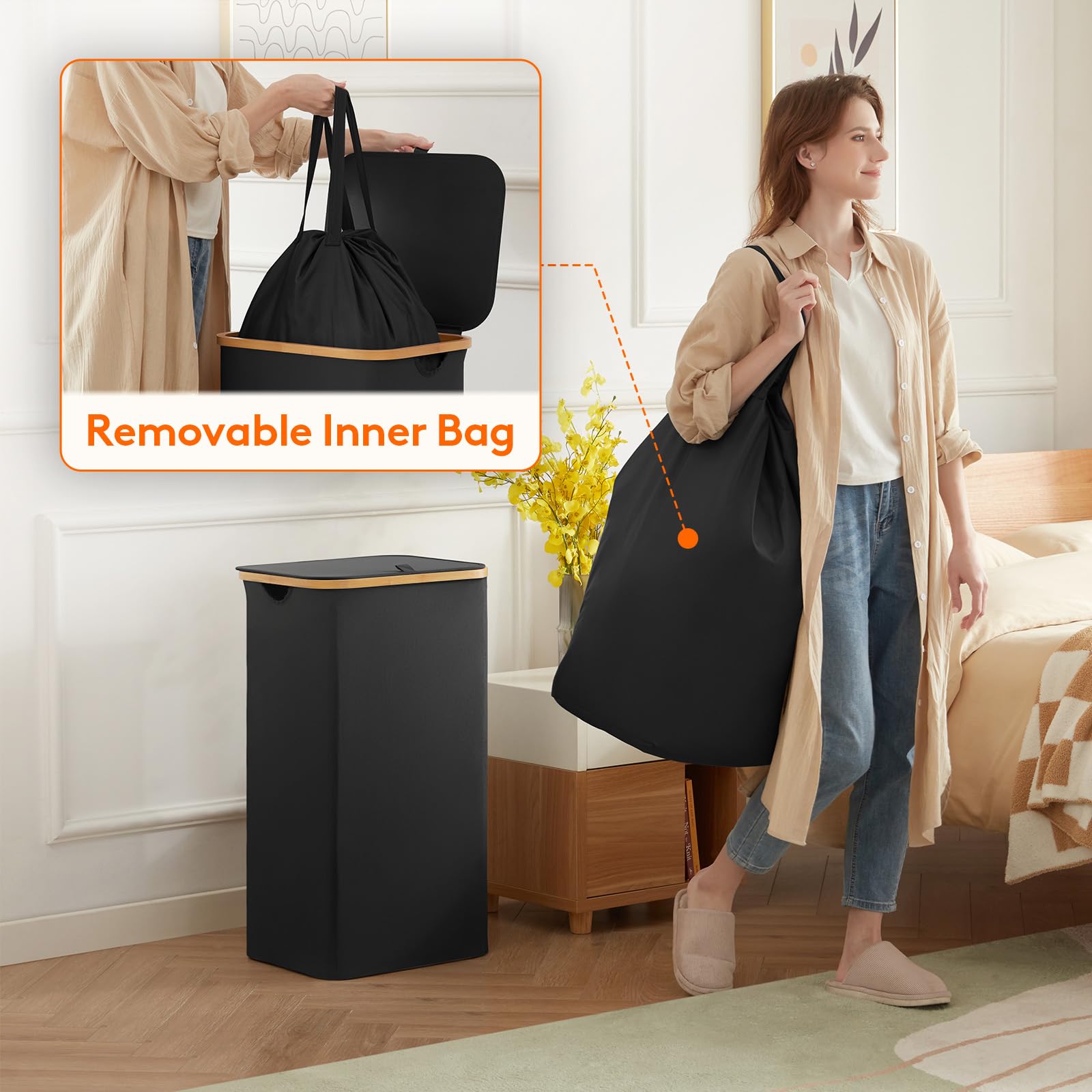 Lifewit Large Laundry Basket with Lid, Collapsible Laundry Hamper with Removable Laundry Bag, Tall Clothes Storage Laundry Bin with Bamboo Handles for Bedroom, Bathroom, Laundry Room, Black, 100L