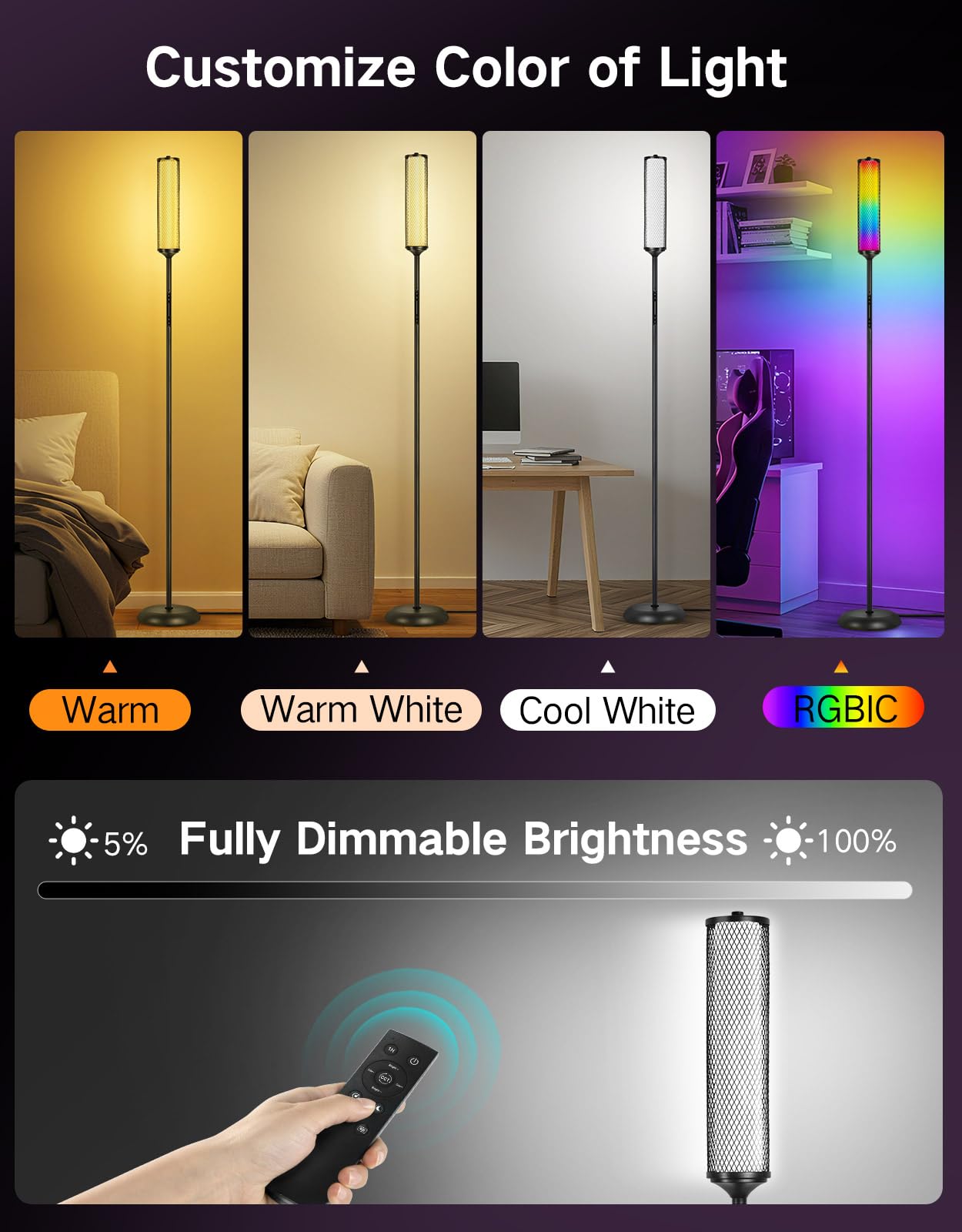 OUTON Bright Smart Floor Lamp with Remote, App & Touch Control, RGB Color Changing Standing Lamp, 2200K-6500K Dimmable, 3 Adjustable Heights, 32 Scenes for Living Room Bedroom Office,Black & Metal