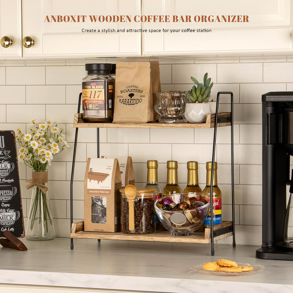 ANBOXIT Coffee Station Organizer for Countertop, Coffee Bar Accessories and Organizer, Wooden Kitchen Counter Shelf, 2 Tier Coffee Condiment Storage, Coffee Caddy for Kitchen, Home, Office - Brown