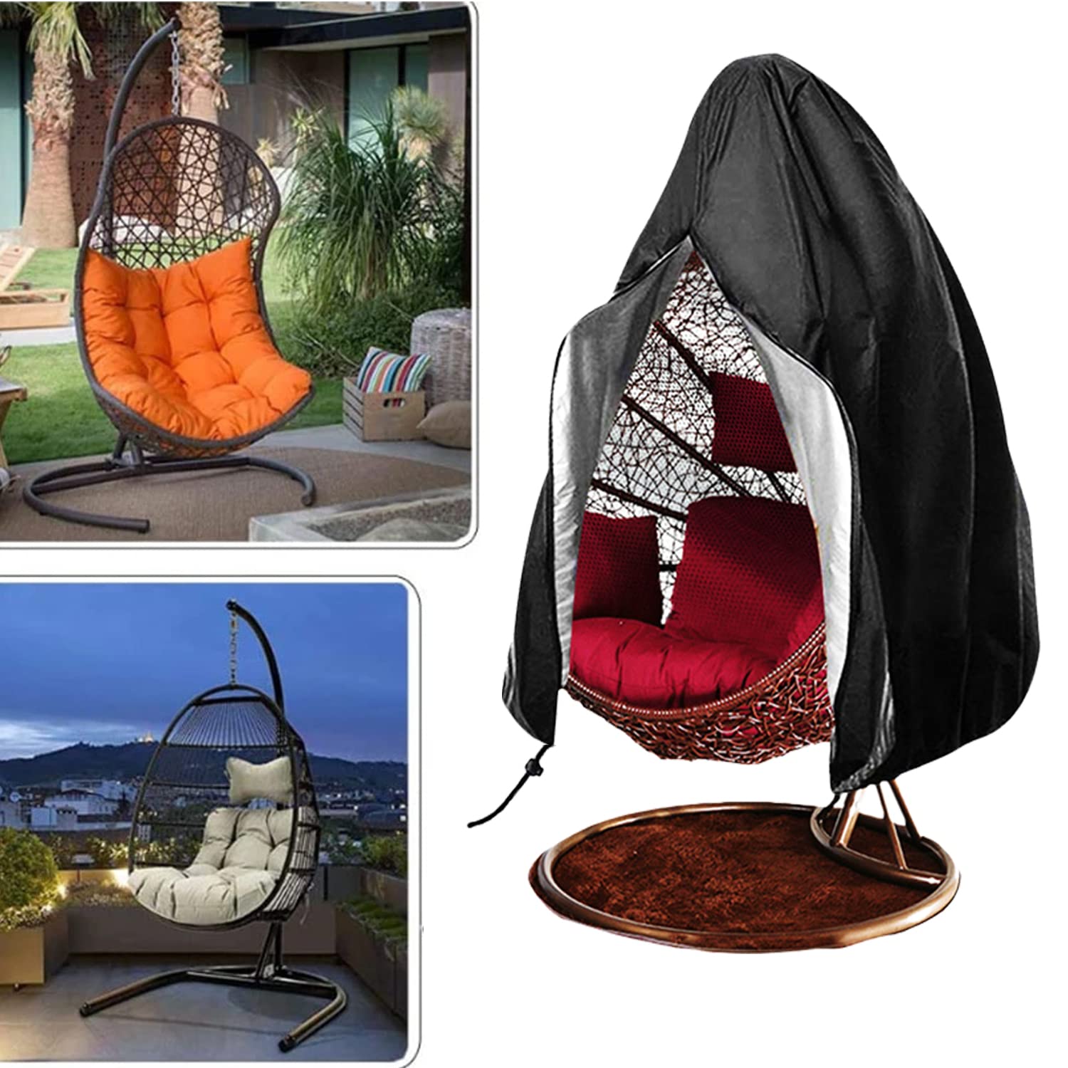 Egg Chair Cover, Patio Hanging Chair Cover Egg with Zipper, Waterproof Swing Chair Cover with Zipper Fits Most Outdoor Single Swing Egg Chair Dust Protector (75“H x 45" W, Black)