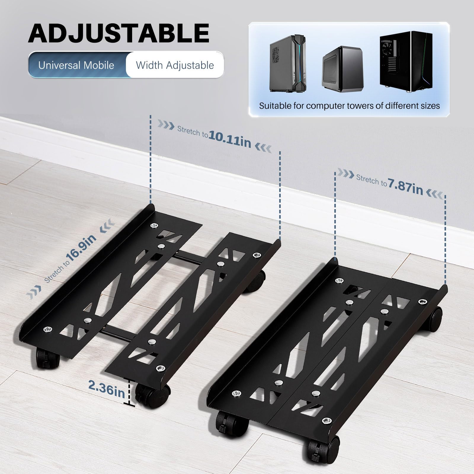 Computer Tower Stand, Adjustable Metal PC Stand for Floor, PC Tower Stand with 4 Locking Caster Wheels, CPU Holder, Mobile CPU Stand for Gaming Office Desk