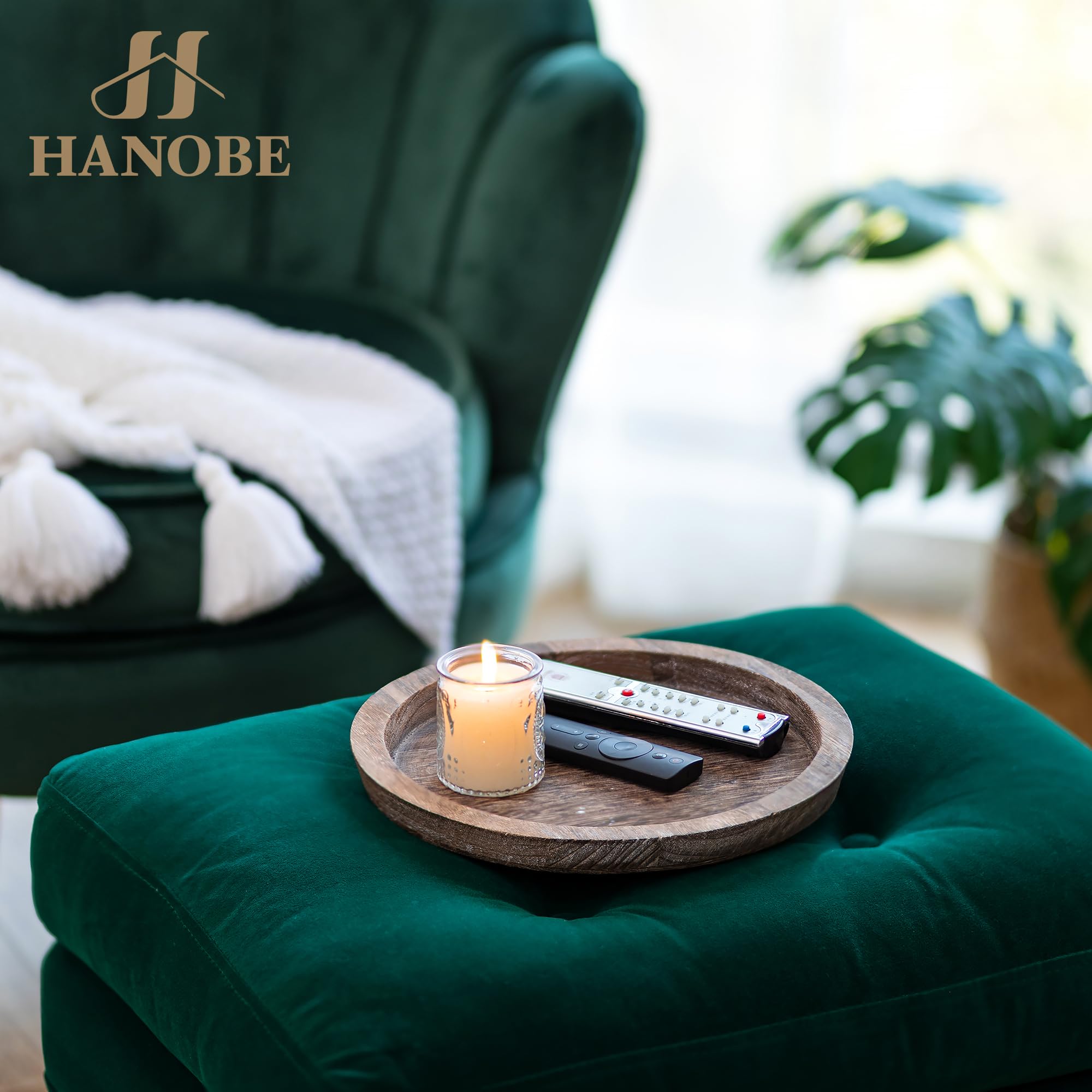 Hanobe Rustic Wooden Serving Tray: Round Wood Butler Decorative Tray Vintage Centerpiece Candle Holder Trays Farmhouse Ottoman Tray for Kitchen Countertop Home Decor for Coffee Table