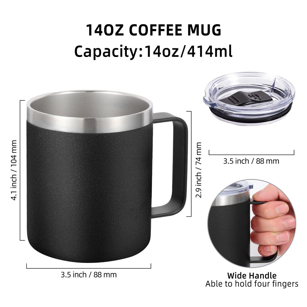 Volhoply 14oz Insulated Stainless Steel Coffee Mug with Lid Bulk 2 Pack,Double Wall Vacuum Travel Coffee Cup with Handle,Reusable Cups Tumbler,Camping Mugs Keep Hot,Christmas Gifts(Black,2 Set)