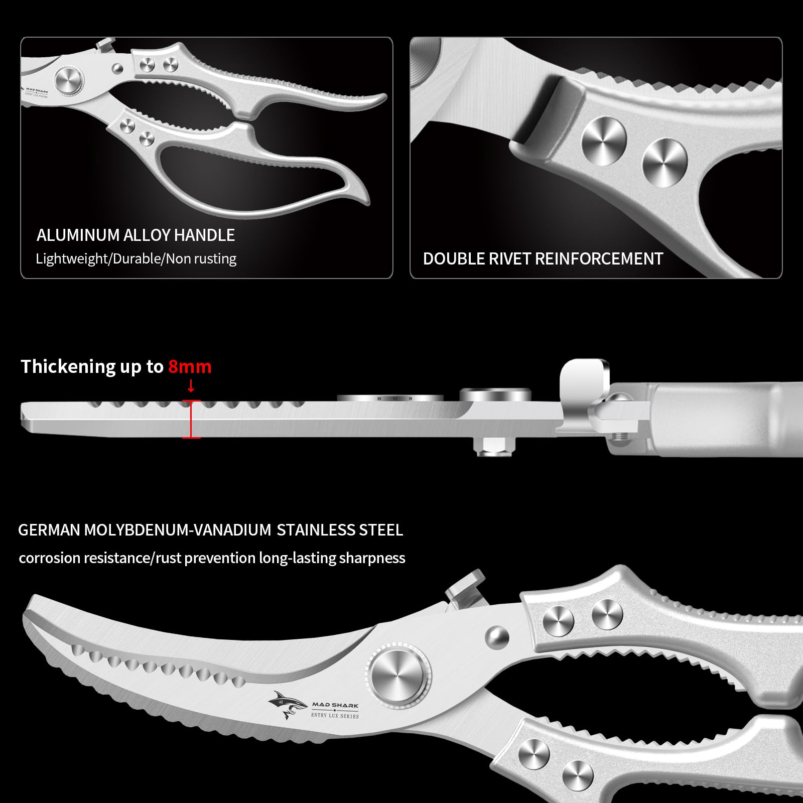 MAD SHARK Heavy Duty Poultry Shears, Kitchen Shears with Non-Slip Handle & Safety Lock, All Purpose Kitchen Scissors for Chicken, Meat Cutting, Turkey, Fish, Vegetables, Spring Loaded, Dishwasher Safe