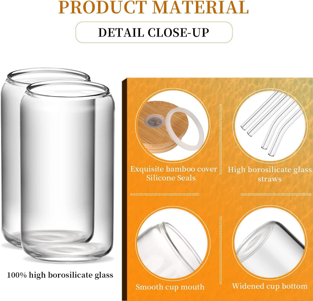 Glass Cups with Lids and Straws 6 pcs, 16 oz-DWTS Cute Tumbler,Beer Drinking Glasses,Clear for Iced Coffee, Tea with Bamboo Lids for Gifts