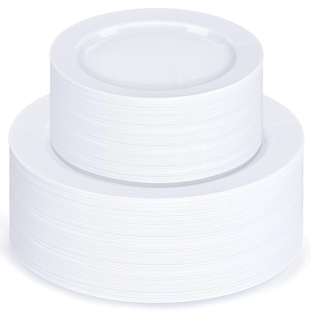 100 Pieces White Plastic Plates, Disposable Party Plates, 50 Heavy Duty White Dinner 10 Inch Plates and 50 Disposable Dessert Appetizer Elegant Fancy Wedding 7.5 Inch Plates