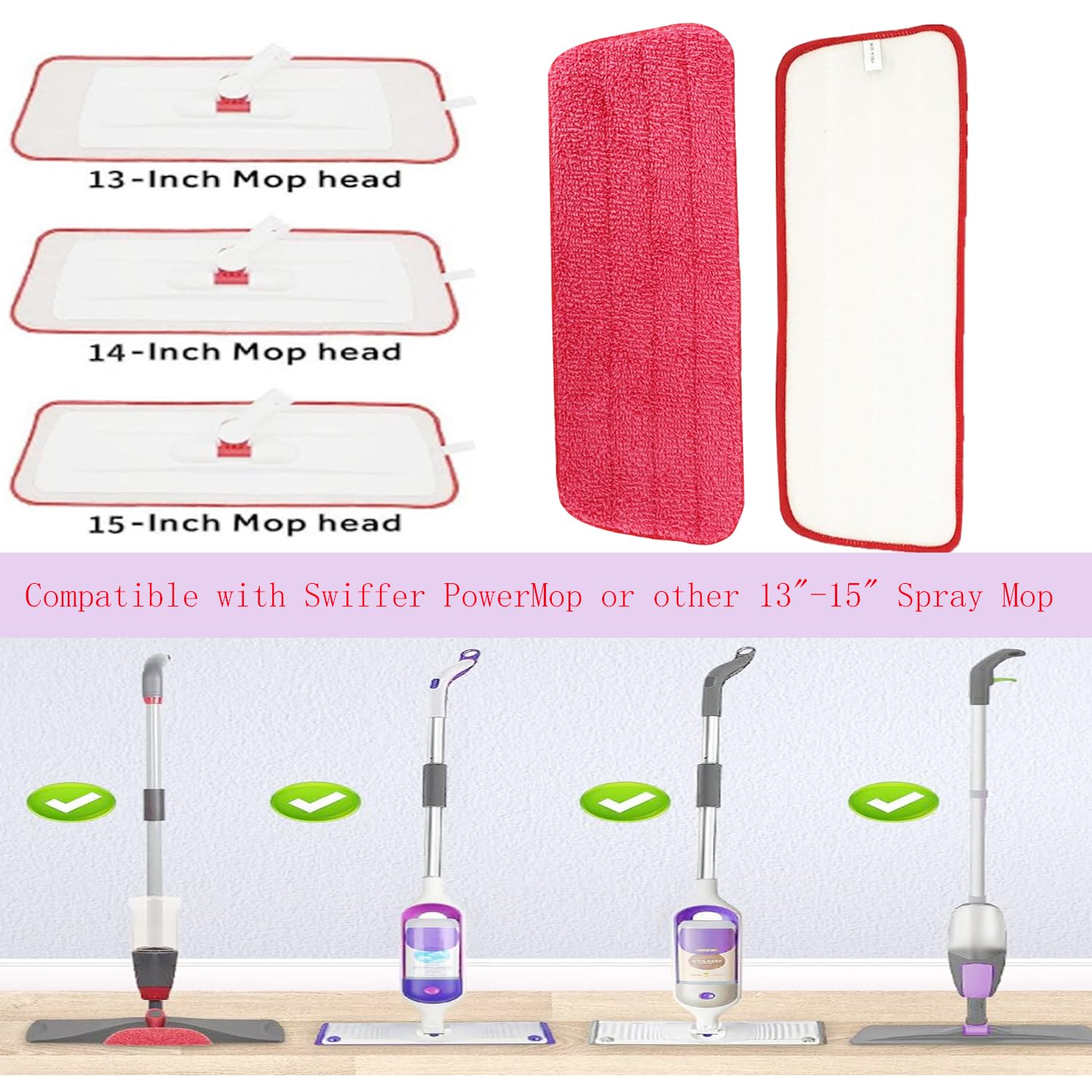 6 Pack Microfiber Mop Pads,Spray Mop Pads Replacement, Reveal Mop Cleaning Pads,Fit for Wet/Dry Spray Mops & Reveal Mops Washable 16.5 * 5.5 Inches. (Red)
