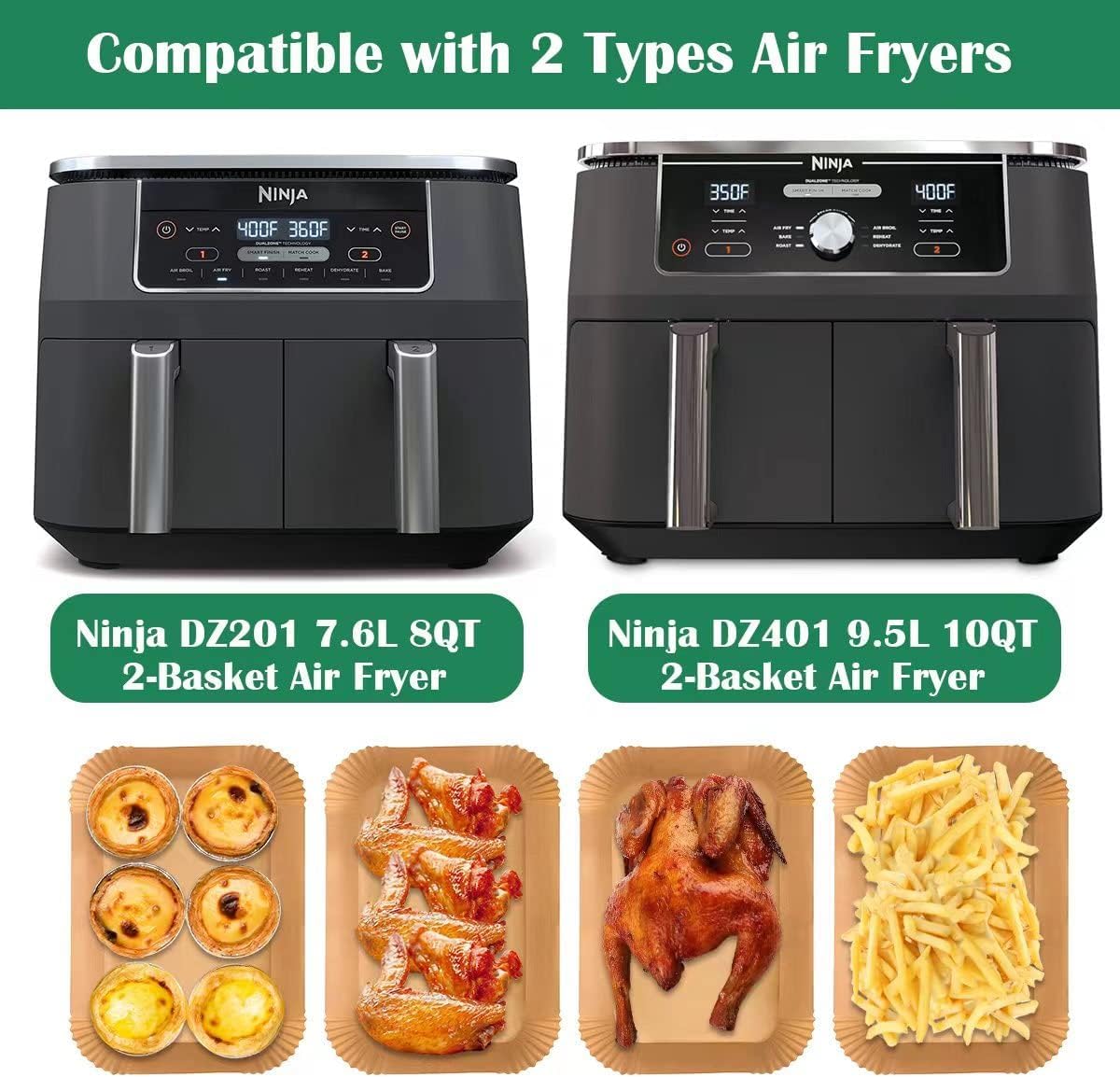 225PCS Air Fryer Liners for Ninja Foodi Dual Air Fryer DZ201/DZ401, Air Fryer Parchment Paper Liners, Rectangle Disposable Paper Liner,Airfryer Liners Baking Paper Air Fryer Accessories