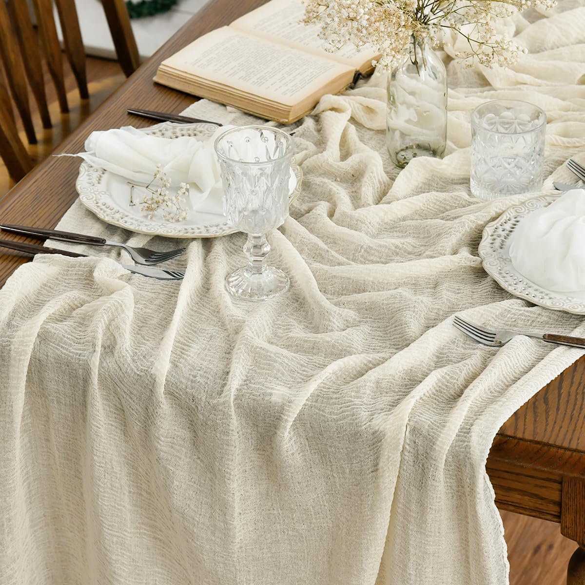 Artoid Mode Boho Beige Gauze 6 Pieces Wedding Table Runner, 300 cm Birthday Fabric Kitchen Dining Holiday Table Decor for Home Party Indoor