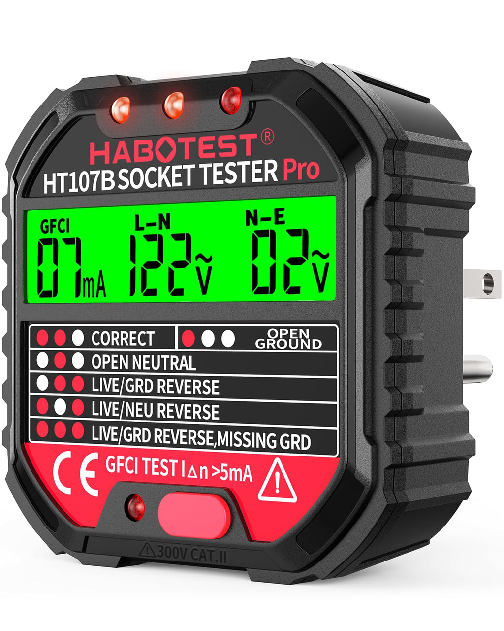 Outlet Tester Electrical GFCI Receptacle Detector with LCD Display, 90-250V Socket Tester, Circuit Polarity Voltage Detector, Plug Tester Breaker Finder with 6 Visual Indication CAT II 300V (CA Plug)
