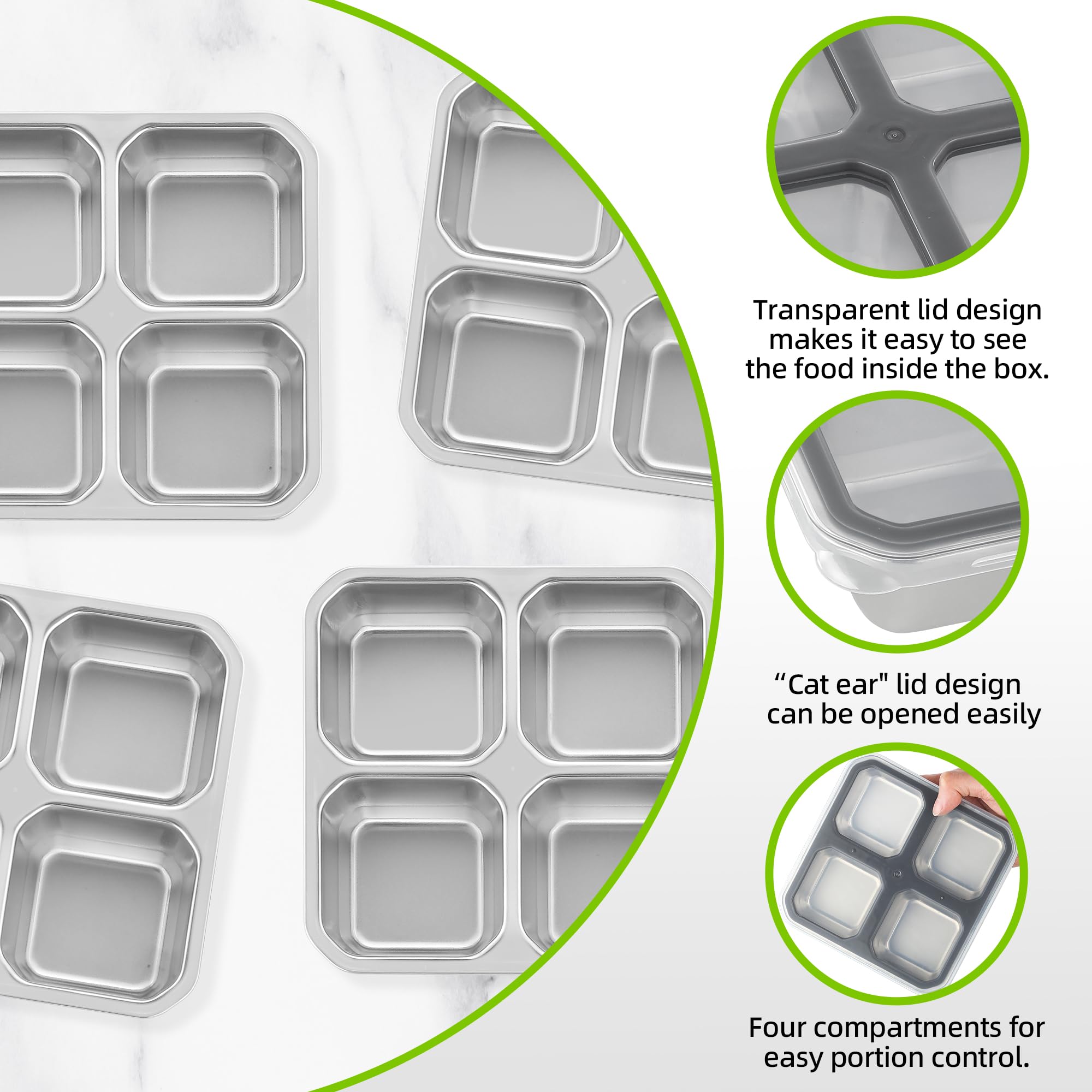 BEFOY 4 Pack Stainless Steel Snack Containers with Lids - 4 Compartment Food Storage Containers for Adults & Kids - Meal Prep Reusable Bento Lunch Box - Silver