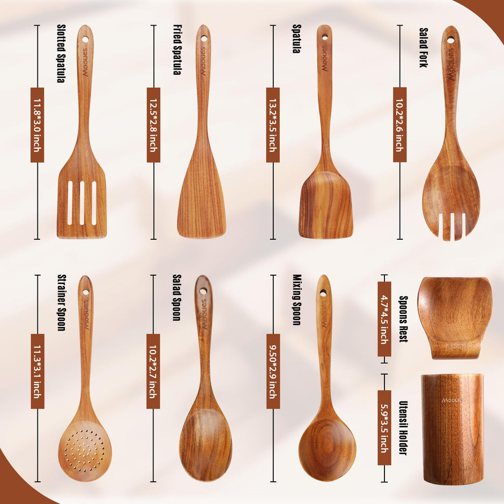Wooden Spoons for Cooking, Wooden Utensils Set with Spoon Rest for Cooking, Natural Teak Wood Utensils Set NonStick Comfort Grip (9 PCS)