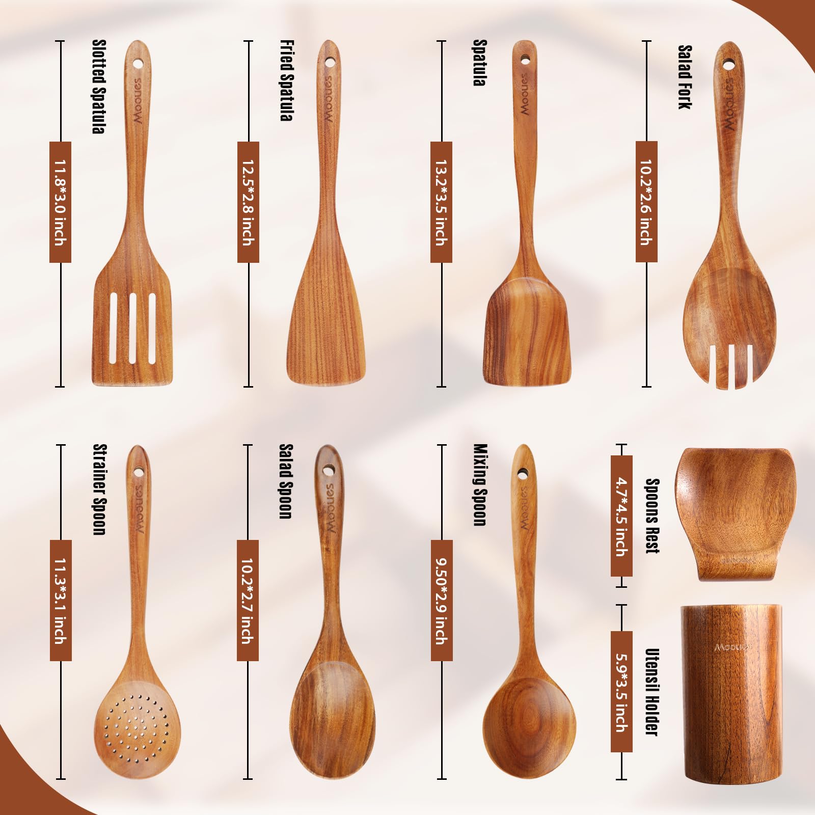 Wooden Spoons for Cooking, Wooden Utensils Set with Spoon Rest for Cooking, Natural Teak Wood Utensils Set NonStick Comfort Grip (9 PCS)