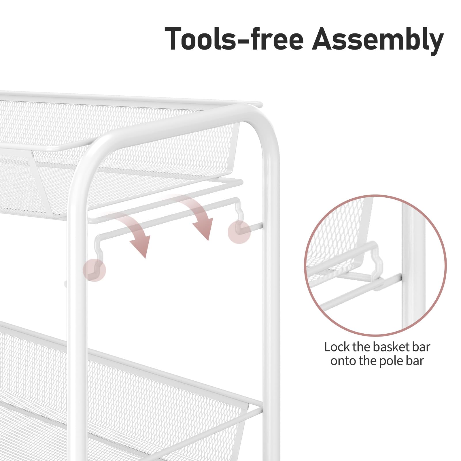 TOOLF 4-Tier Rolling Cart, Metal Utility Cart with 3 Hooks, Easy Assemble Mobile Storage Trolley On Wheels, Slide Out Shelving Units Kitchen Bathroom Laundry Room